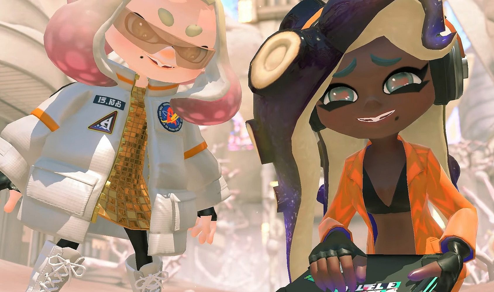 Pearl (Rina Itou) and Marina (Alice Peralta) thank Agent 8 (N/A) for their help in Splatoon 3: Side Order (2024), Nintendo