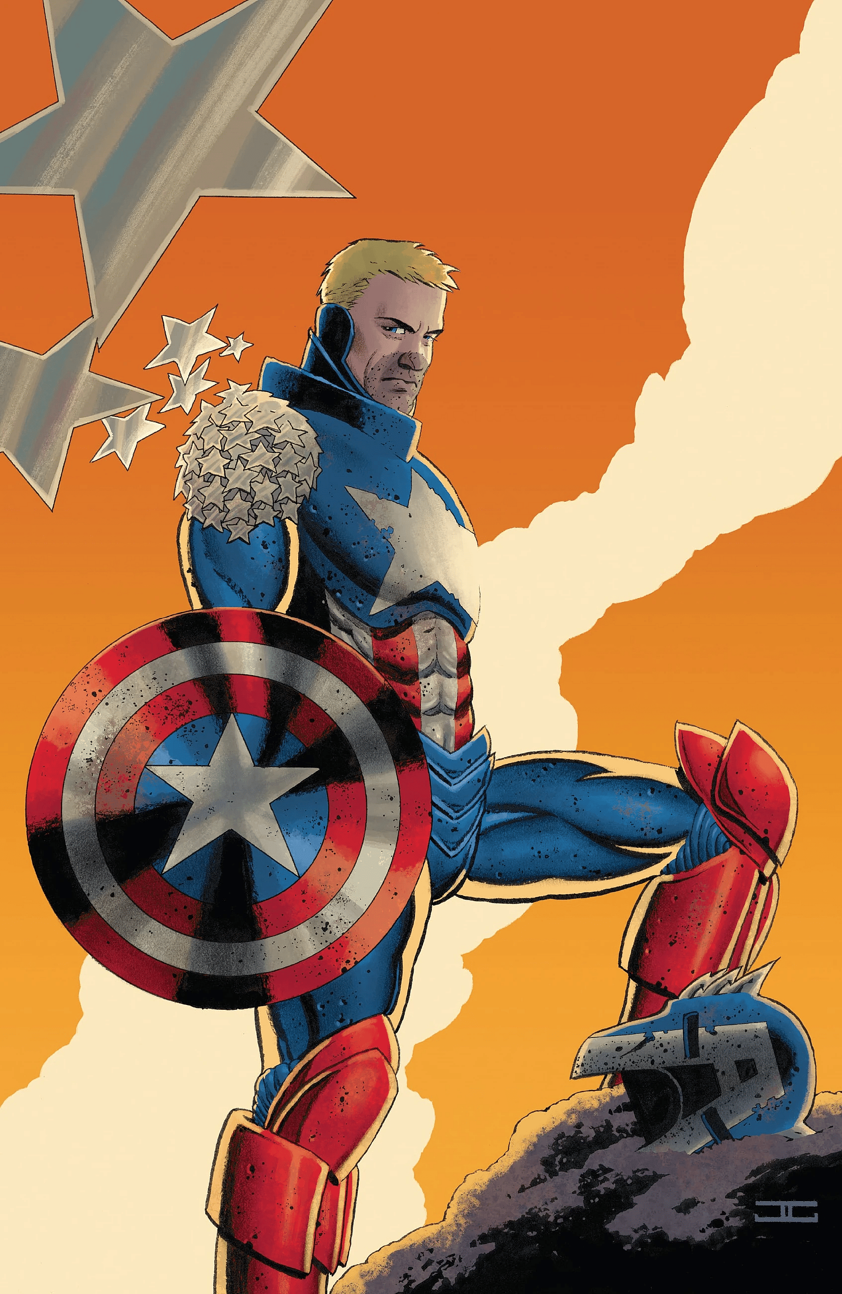 Captain America dons a new set of star-spangled armor on John Cassaday's Captain America 80th Anniversary variant cover to Iron Man Vol. 6 #10 "Megiddo" (2021), Marvel Comics