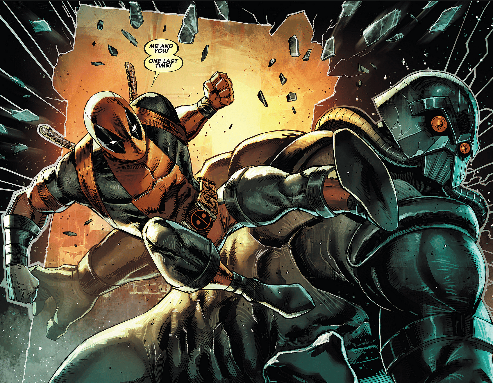 Deadpool leaps into his final showdown with Agent Daedalus in Deadpool: Bad Blood Vol. 1 #1 (2017), Marvel Comics. Words by Chris Sims and Chad Bowers, art by Rob Liefeld, Shelby Roebrtson, Adelso Corona, Marat Mychaels, Romulo Fajardo, Jr., and Joe Sabino.