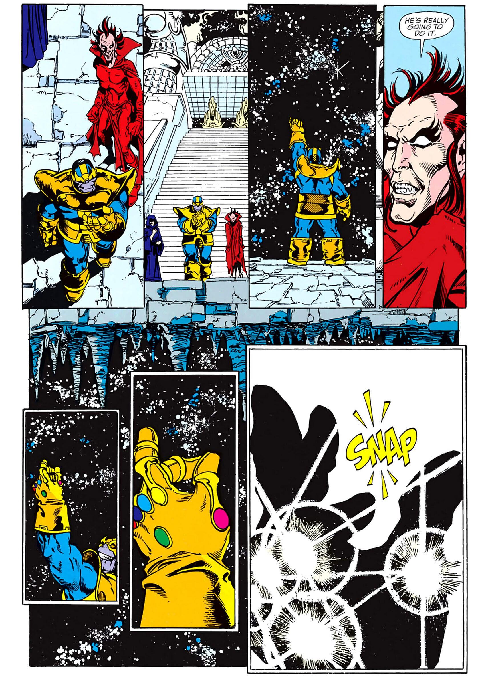 Thanos wipes out half of all life in Infinity Gauntlet Vol. 1 #1 (1991), Marvel Comics