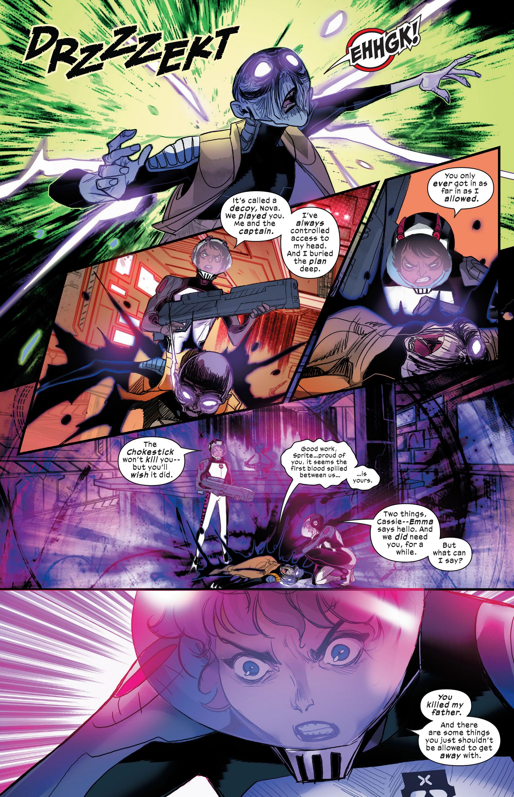 Kitty Pryde leaves Cassandra Nova in the past in Marauders Vol. 2 #10 "Here Comes Yesterday, Part 4" (2023), Marvel Comics. Words by Steve Orlando, art by Eleonora Carlini, Matt Milla, and Travis Lanham.