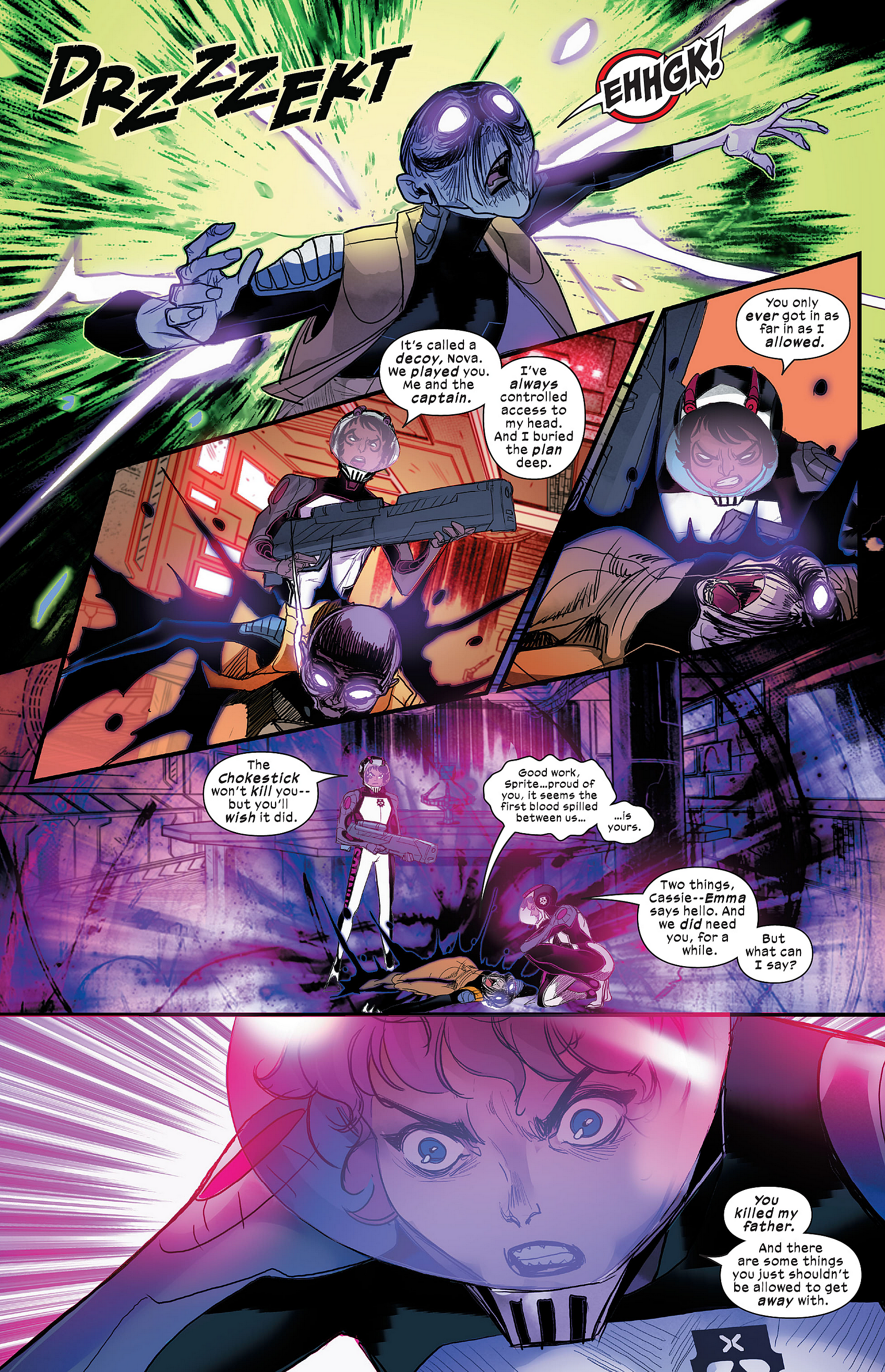 Kitty Pryde leaves Cassandra Nova in the past in Marauders Vol. 2 #10 "Here Comes Yesterday, Part 4" (2023), Marvel Comics. Words by Steve Orlando, art by Eleonora Carlini, Matt Milla, and Travis Lanham.