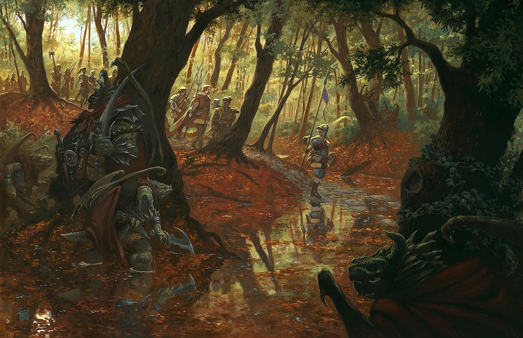 A group of villagers walk through the forest, oblivious they are about to be ambushed by dragonborn by Ralph Horsley for Dungeons & Dragons Dragonlance: Shadow of the Dragon Queen (2022) via Artstation