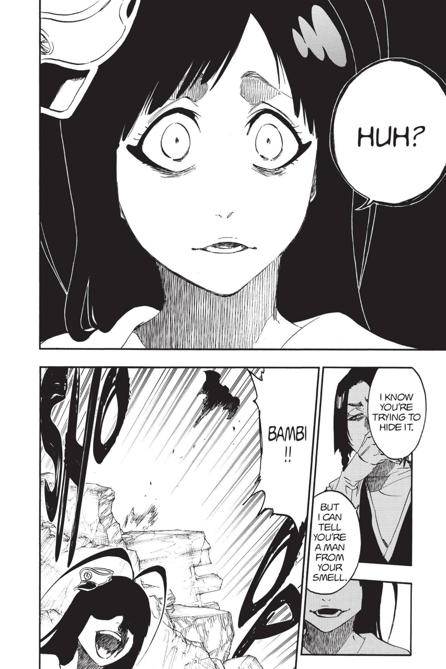 Viz Media makes a change to Yumichika Ayasegawa's iconic line in their localization of Bleach Chapter 588 "The Headless Star 7" (2014), Shueisha. Words and Art by Tite Kubo.