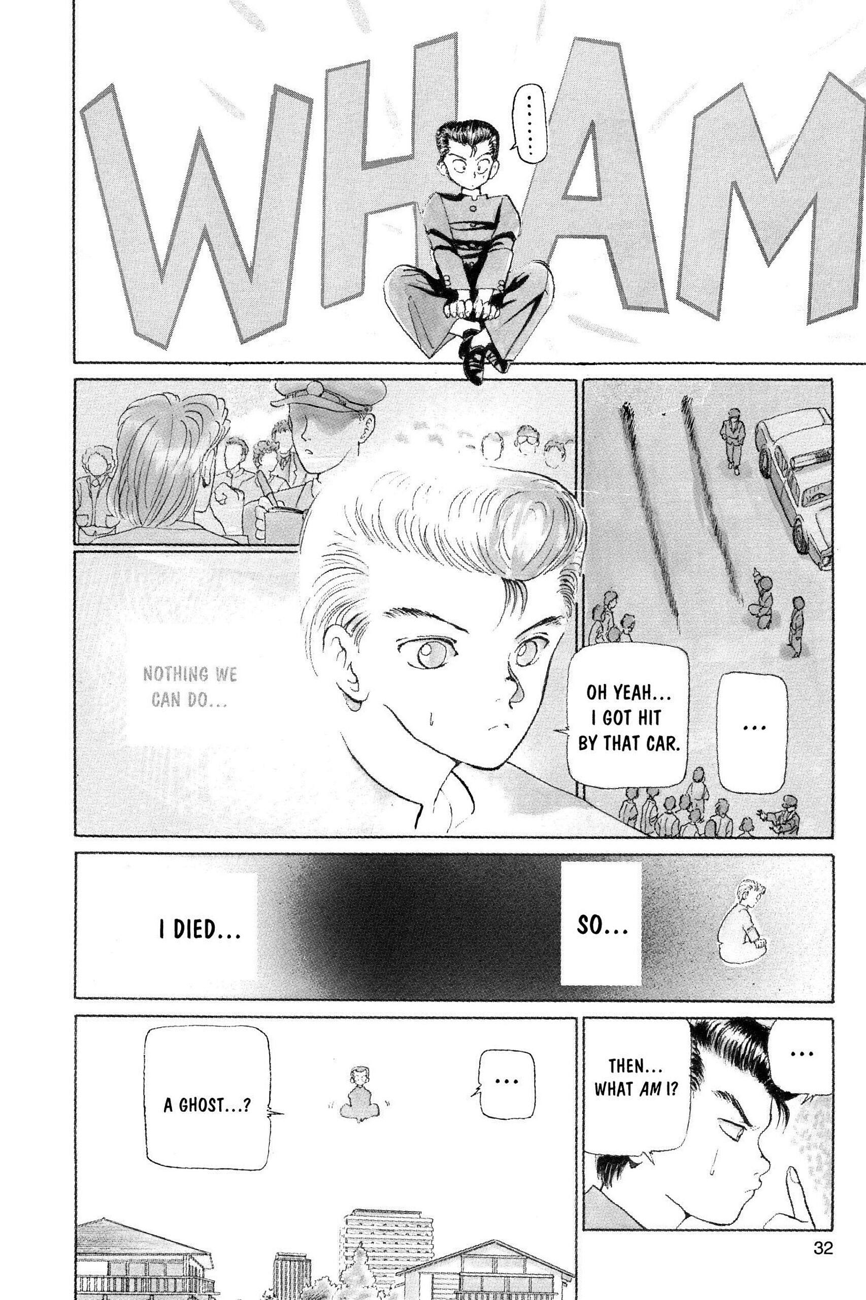 Yusuke Urameshi realizes he's no longer alive in Yu Yu Hakusho Ch. 1 "Goodbye, Material World" (1990), Shueisha. Words and art by Yoshihiro Togashi.