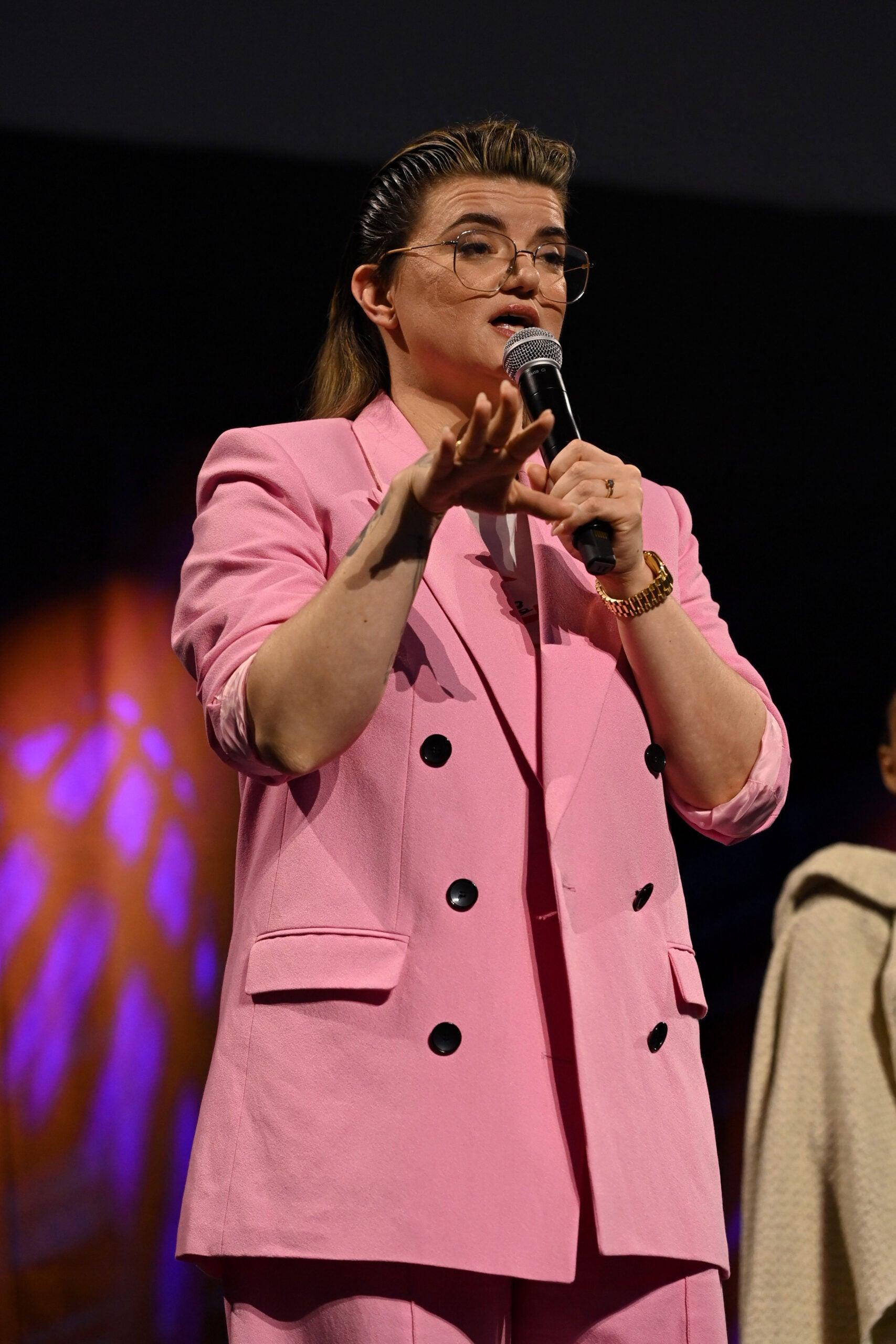 LONDON, ENGLAND - APRIL 07: Leslye Headland onstage during the Acolyte studio panel at the Star Wars Celebration 2023 in London at ExCel on April 07, 2023 in London, England. (Photo by Kate Green/Getty Images for Disney)