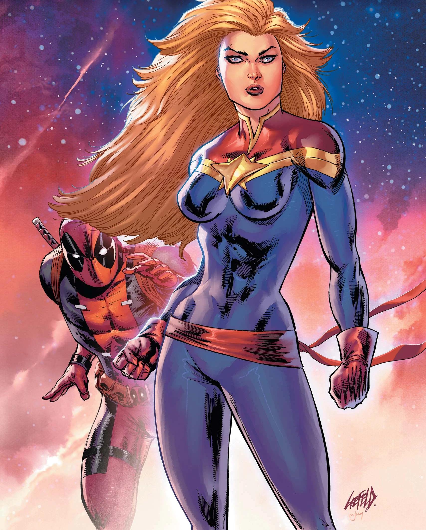 Deadpool attempts to sneakily steal the stoplight from Captain Marvel on Rob Liefeld's 'Deadpool's 30th Anniversary' variant cover to Captain Marvel Vol. 1 #30 "Strange Magic: Finale" (2021), Marvel Comics