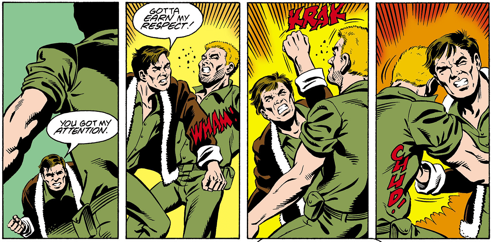 Rick Flag Sr. proves he's not just talk in Secret Origins Vol. 2 #14 ""The Secret Origin of the Suicide Squad" (1987), DC. Words by John Ostrander, art by Luke McDonnell, Dave Hunt, Carl Gafford, and Albert DeGuzman.