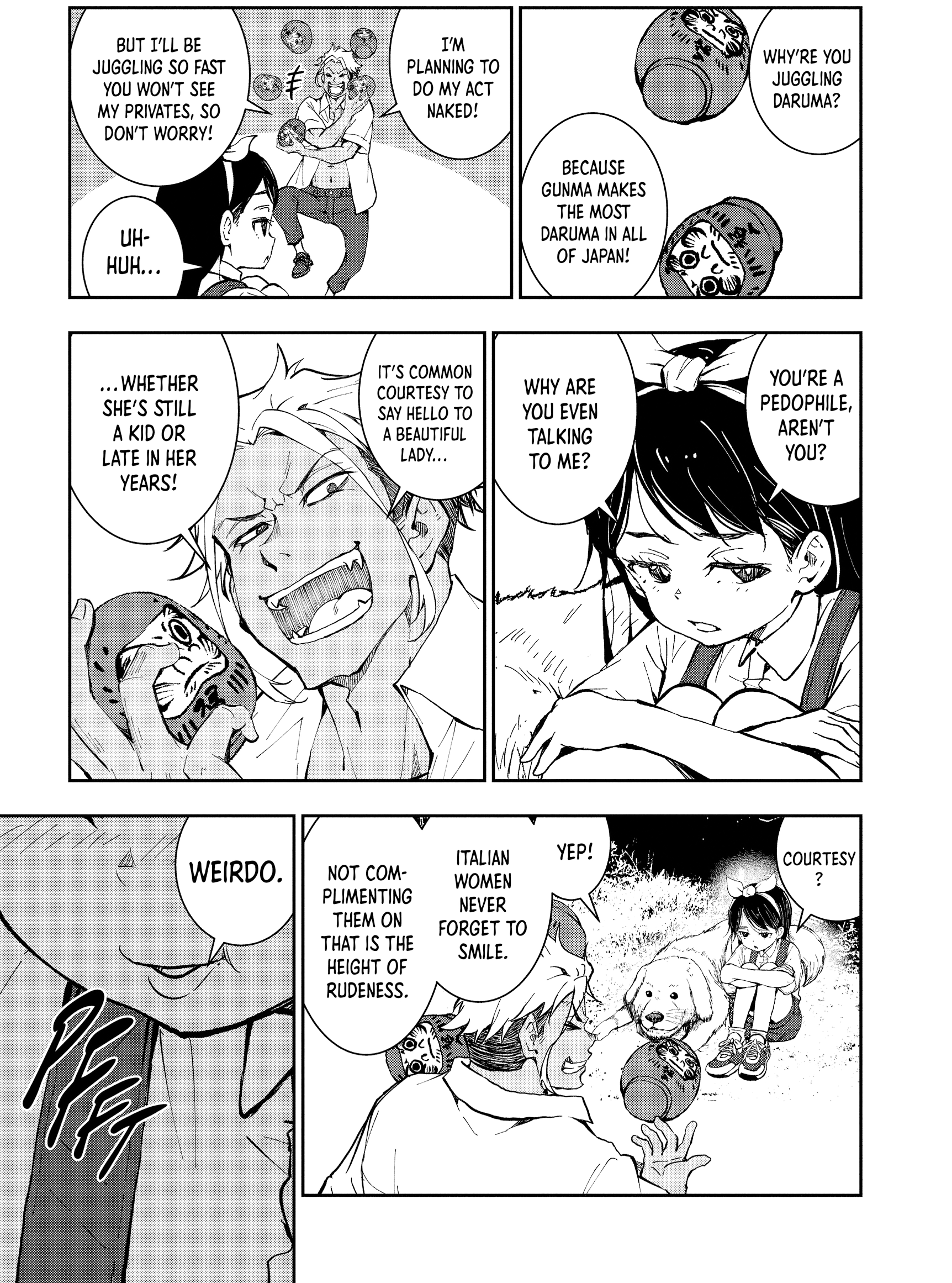 Kenichirou attempts to cheer up Anju in Zom 100: Bucket List of the Dead Chapter 16 "Hometown of the Dead 2 (2020), Shogakukan. Words by Haro Aso, art by Takata Koutarou.