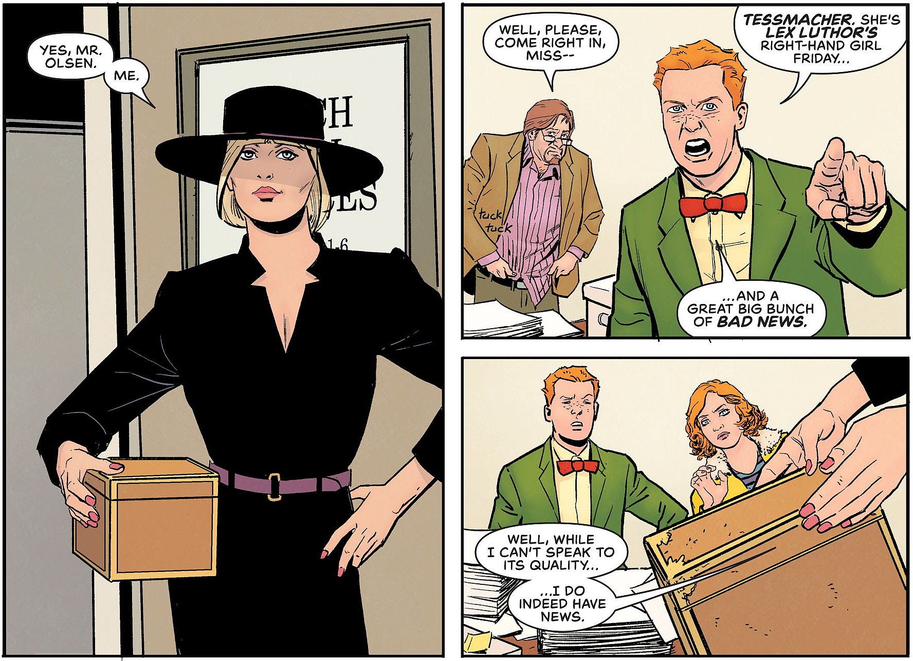 Eve Tessmacher has a delivery for a certain red-headed reporter in Superman's Pal, Jimmy Olsen Vol. 2 #12 (2020), DC. Words by Matt Fraction, art by Steve Lieber, Nathan Fairbairn, and Clayton Cowles.