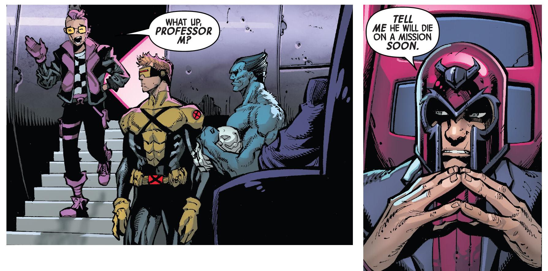 Magneto says what we're all thinking in X-Men Vol. 7 #1 "Fire-Baptized Species" (2024), Marvel Comics. Words by Jed MacKay, art by Ryan Stegman, JP Mayer, Marte Gracia, and Clayton Cowles.