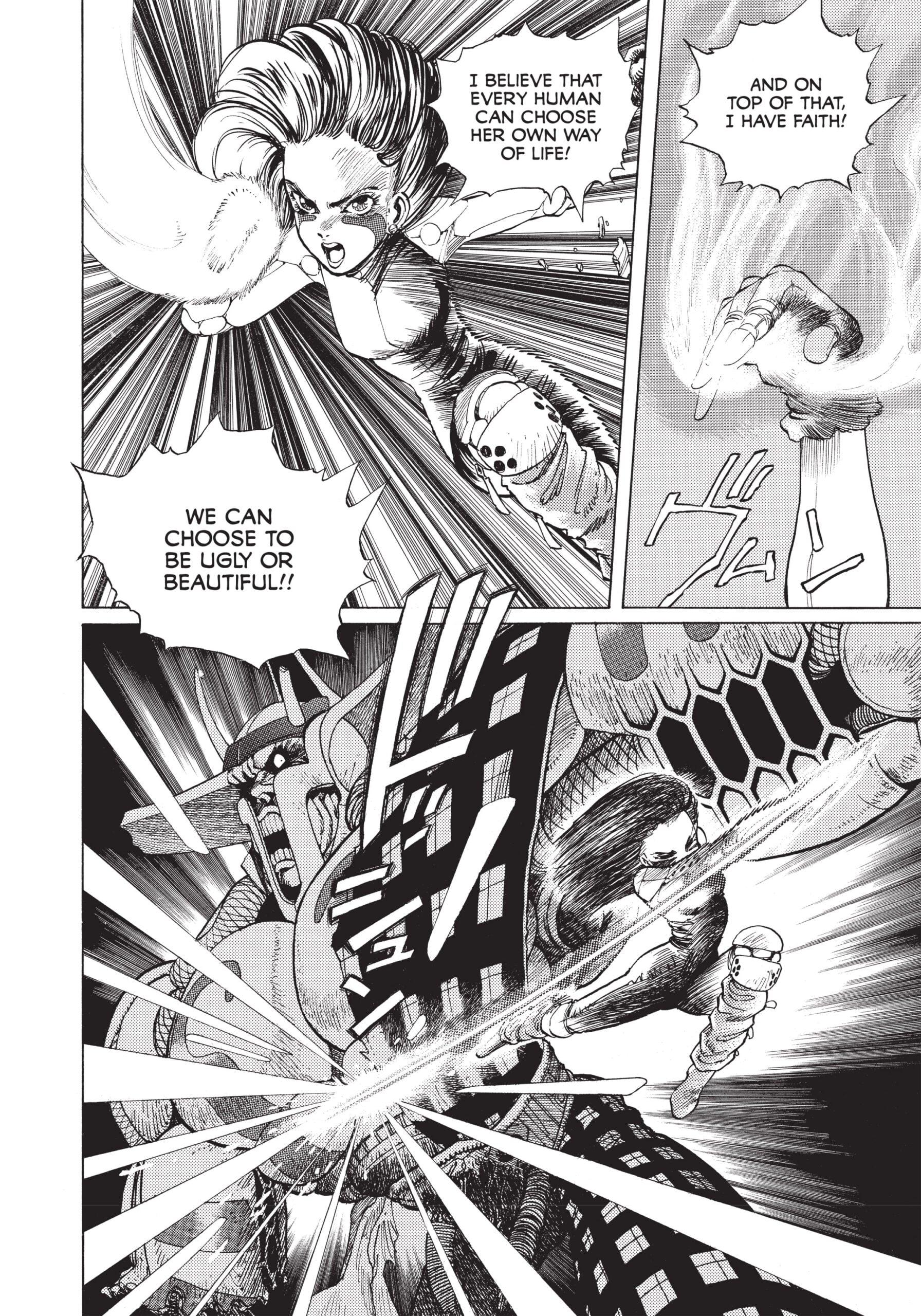 Alita embraces her newfound humanity in Battle Angel Alita (Gunm) Fight 7 "Tears Sign" (1992), Shueisha. Words and art by Yukito Kishiro.