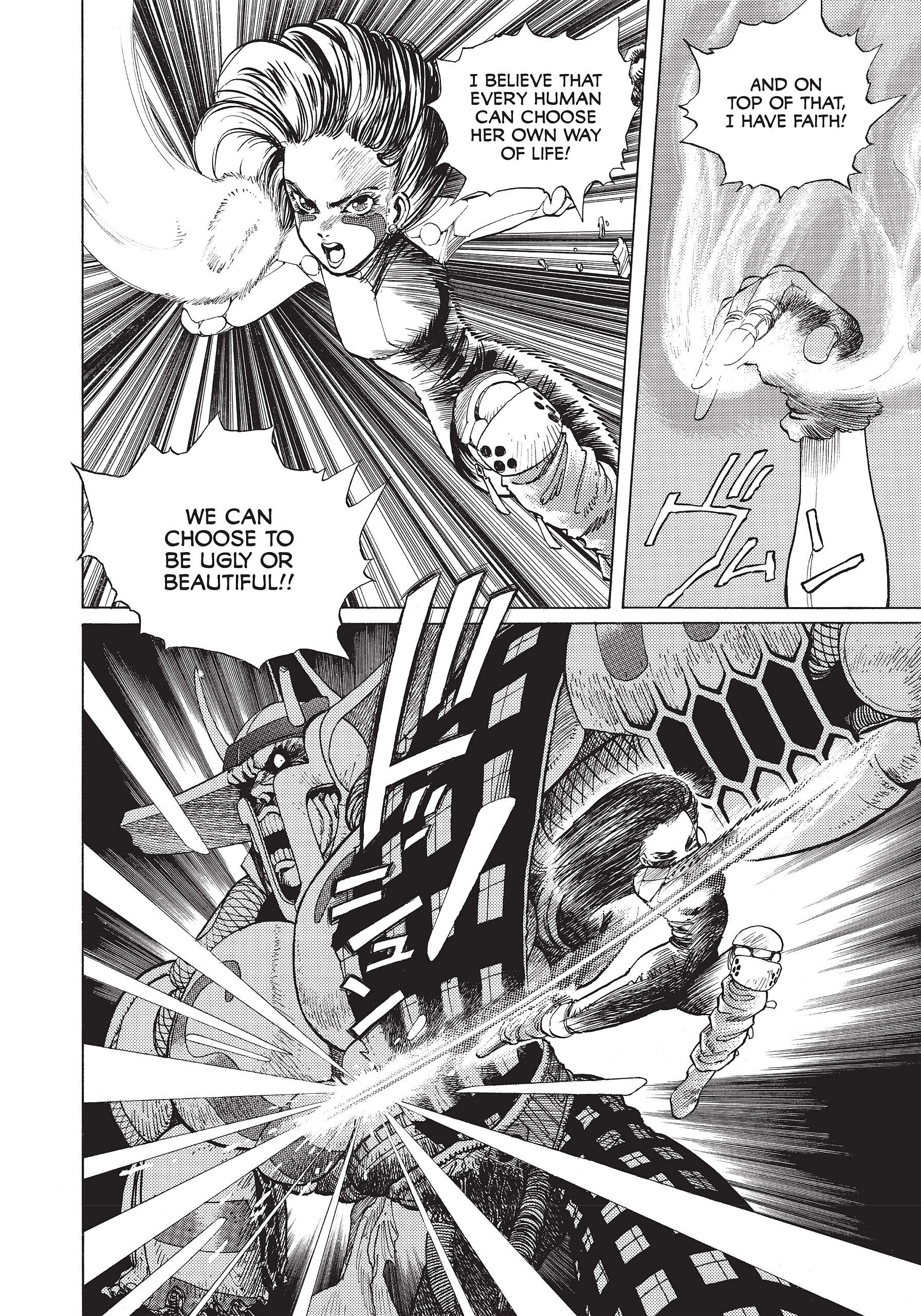 Alita embraces her newfound humanity in Battle Angel Alita (Gunm) Fight 7 "Tears Sign" (1992), Shueisha. Words and art by Yukito Kishiro.