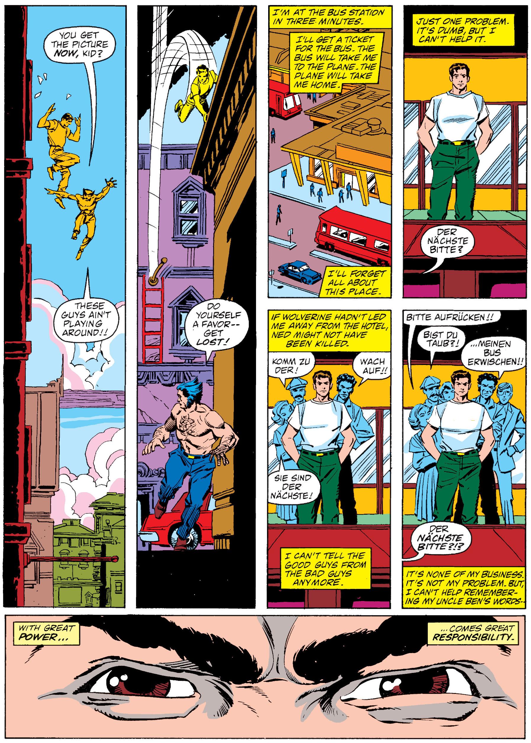 The words of Uncle Ben inspire Peter Parker to help Wolverine in Spider-Man vs. Wolverine Vol. 1 #1 "High Tide" (1986), Marvel Comics. Words by Jim Owsley, art by Mark Bright, Al Williamson, Petra Scotese, and Bill Oakley.