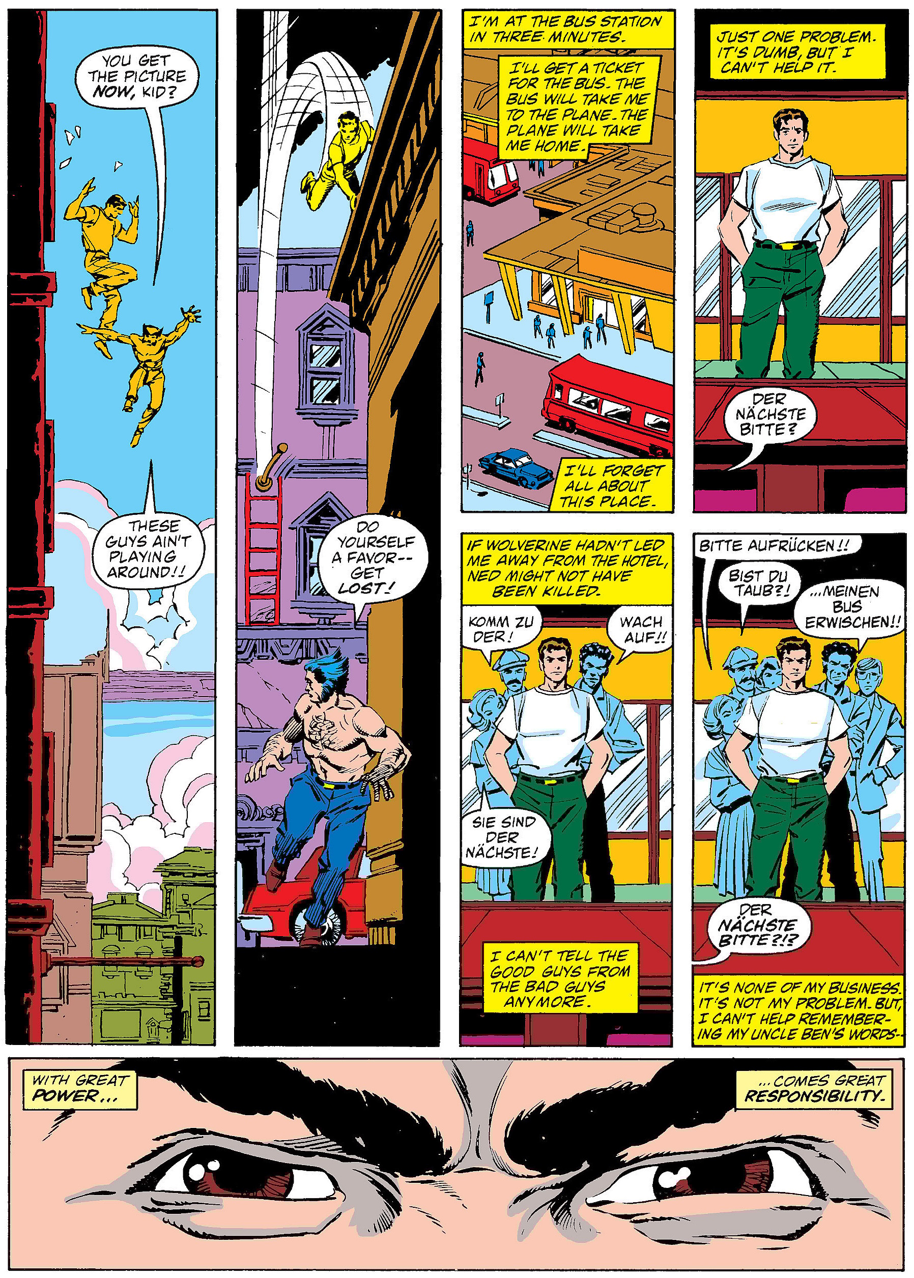 The words of Uncle Ben inspire Peter Parker to help Wolverine in Spider-Man vs. Wolverine Vol. 1 #1 "High Tide" (1986), Marvel Comics. Words by Jim Owsley, art by Mark Bright, Al Williamson, Petra Scotese, and Bill Oakley.