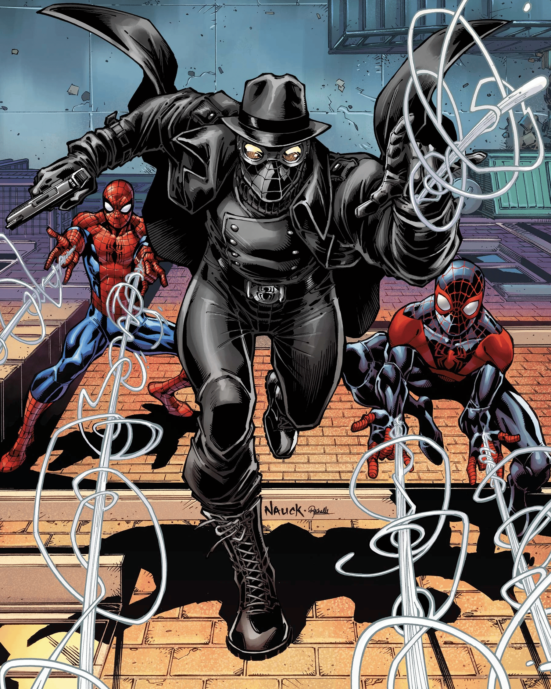 Peter Parker, Peter Parker, and Mile Morales assemble on Todd Nauck's variant cover to Spider-Man Noir Vol. 2 #1 (2020), Marvel Comics