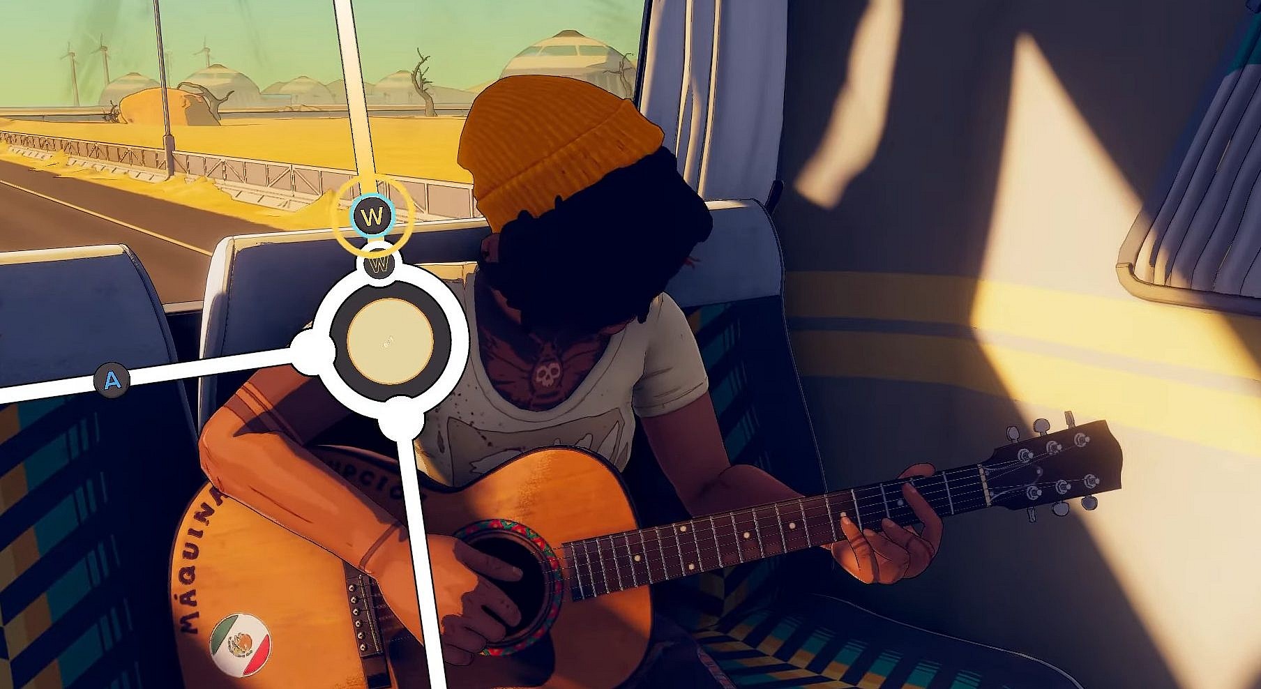 Pax (Dominique Tipper) gets in some guitar practice in Dustborn (2024), Red Thread Games