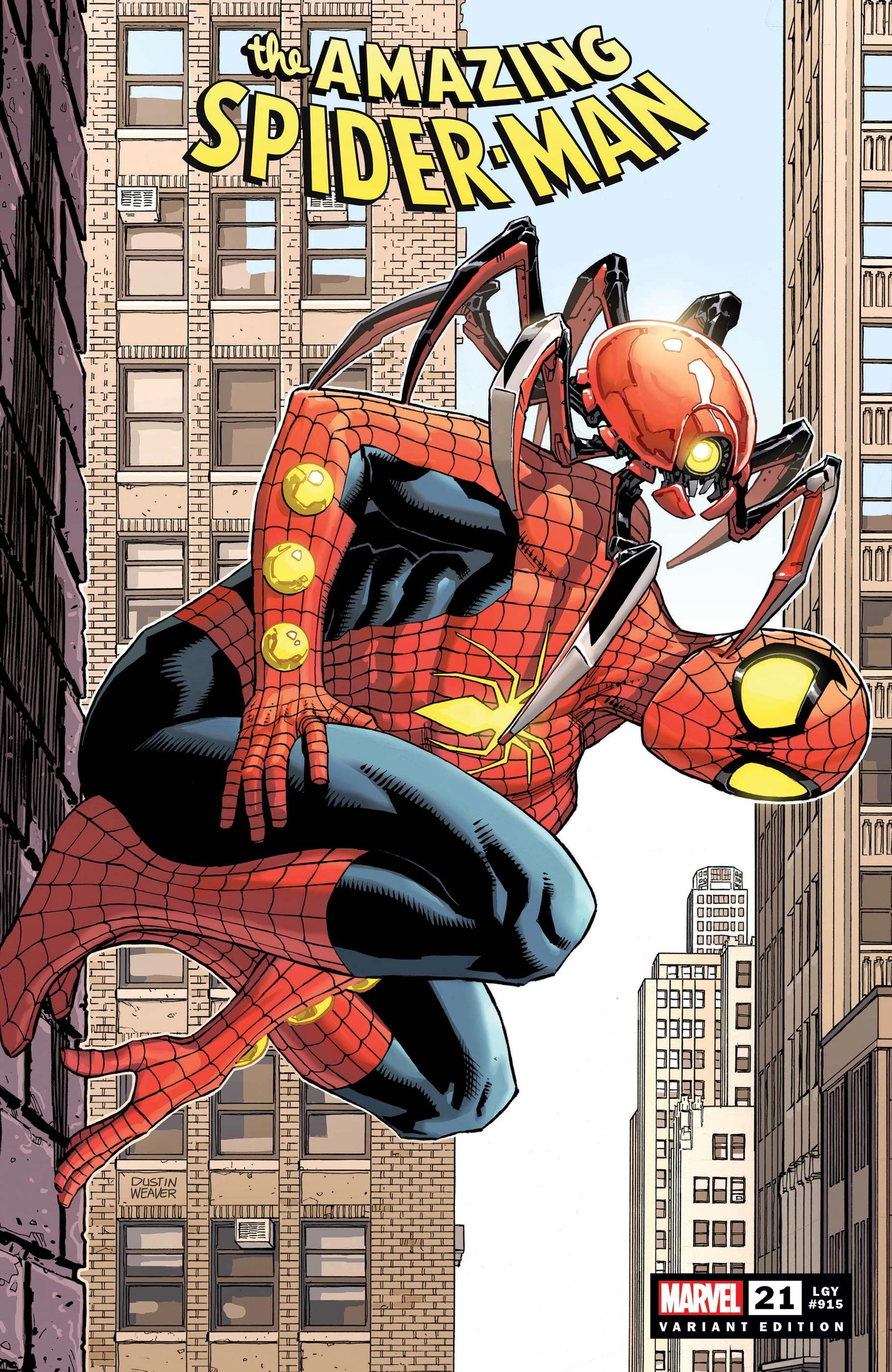 Spider-Man hangs out with a Spider-Bot on Dustin Weaver's variant cover to Amazing Spider-Man Vol. 6 #21 (2023), Marvel Comics