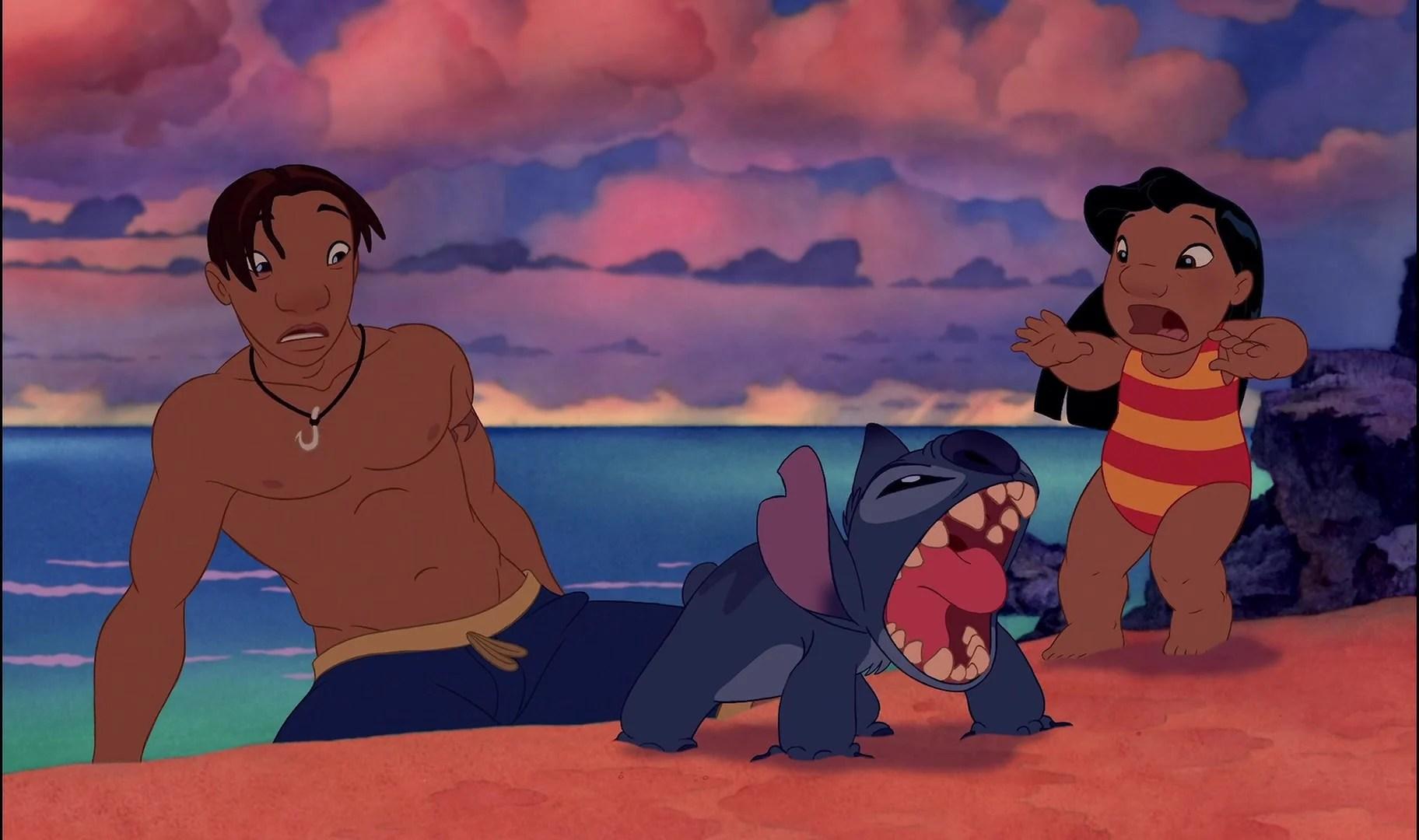 David Kawena (Jason Scott Lee) and Lilo (Daveigh Chase) are taken aback by Stitch's (Chris Sanders) feral nature in Lilo & Stitch (2002), Walt Disney Studios