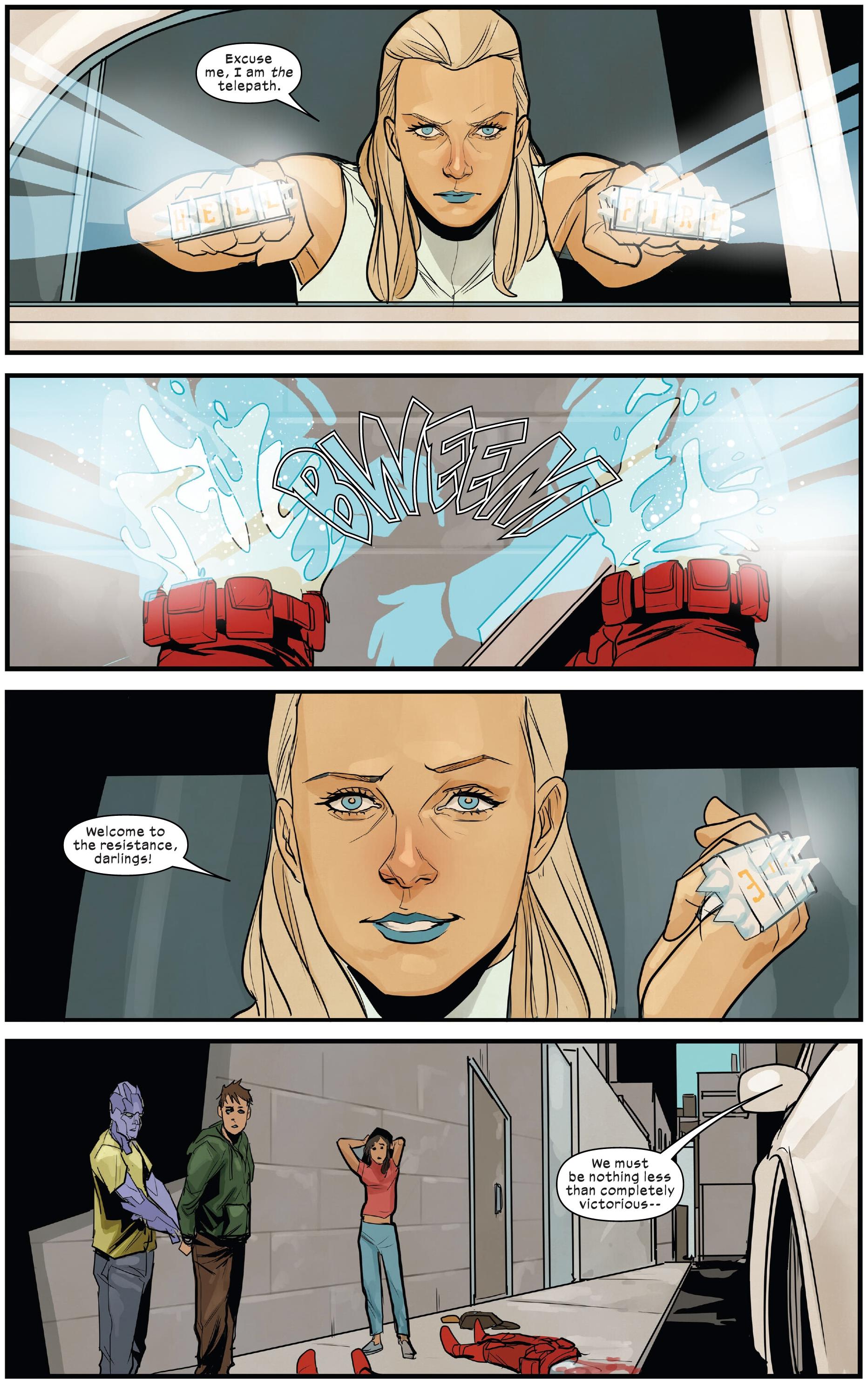 Emma Frost explodes two Orchis troopers in X-Men Vol. 6 #32 "From Emma With Love" (2024), Marvel Comics. Words by Gerry Duggan, art by Phil Noto and Clayton Cowles.