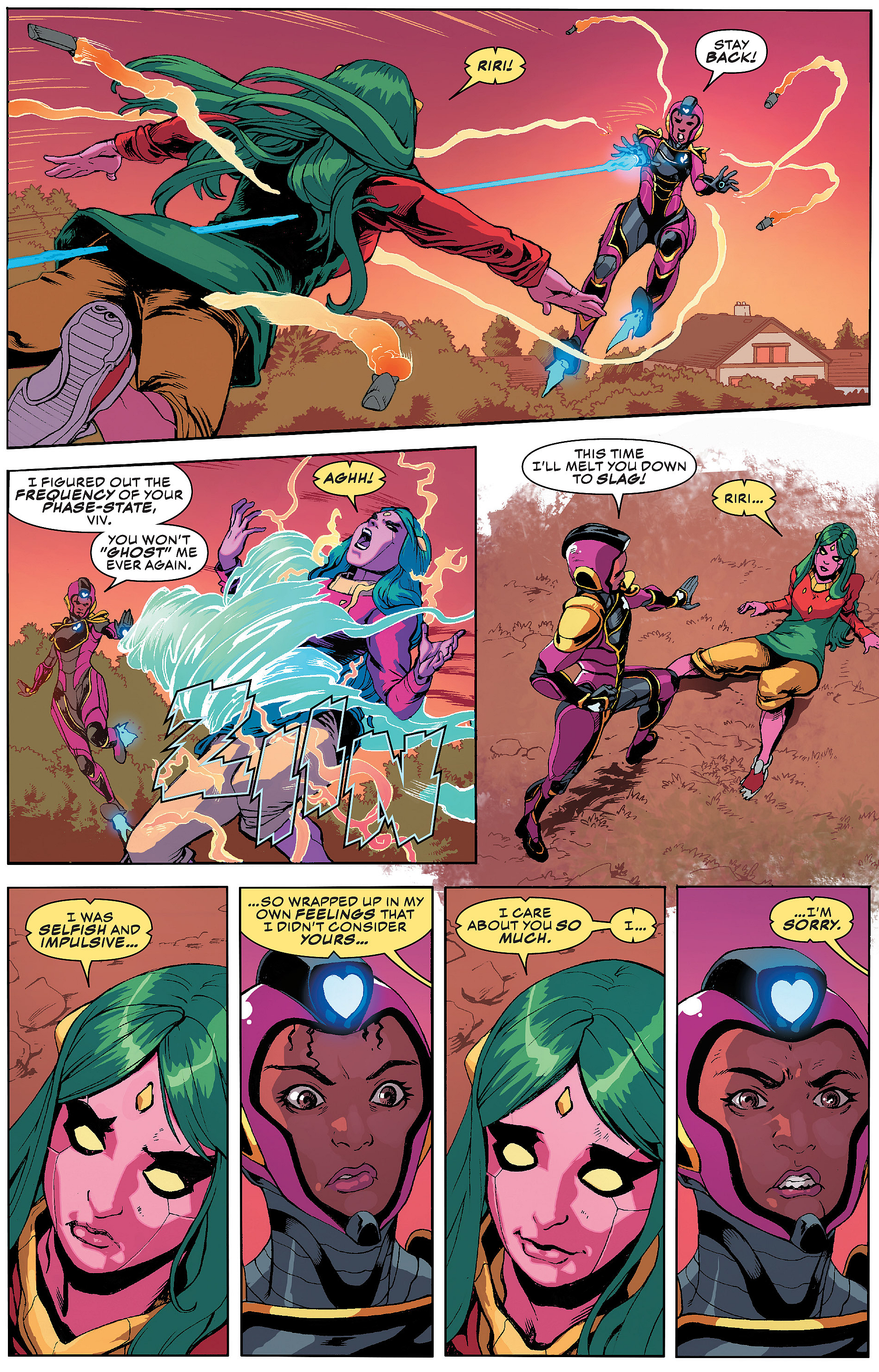 Vivian confesses her feelings to Ironheart in order to break her free from Blackheart's control in Champions Vol. 3 #10 "The Road Ahead" (2019), Marvel Comics. Words by Jim Zub, art by Steven Cummings, Marcio Menyz, and Clayton Cowles.