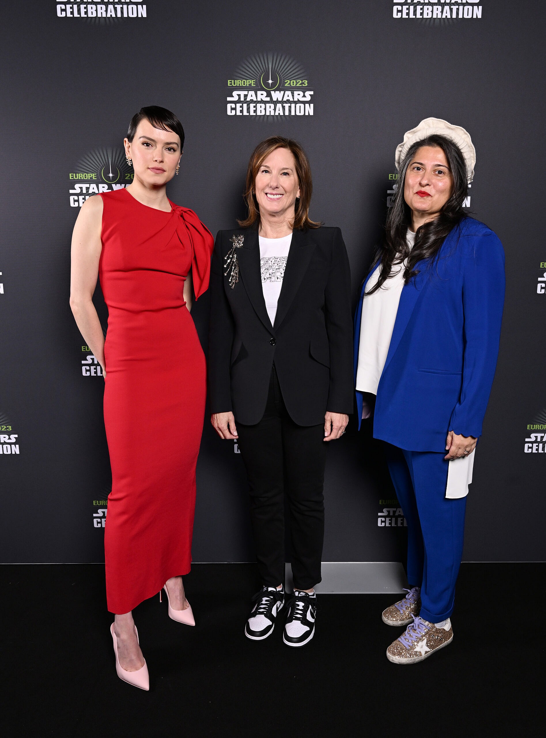 LONDON, ENGLAND - APRIL 07: (L-R) Daisy Ridley, Kathleen Kennedy and Sharmeen Obaid-Chinoy attend the studio panel at Star Wars Celebration 2023 attends the studio panel at Star Wars Celebration 2023 in London at ExCel on April 07, 2023 in London, England. (Photo by Jeff Spicer/Jeff Spicer/Getty Images for Disney)