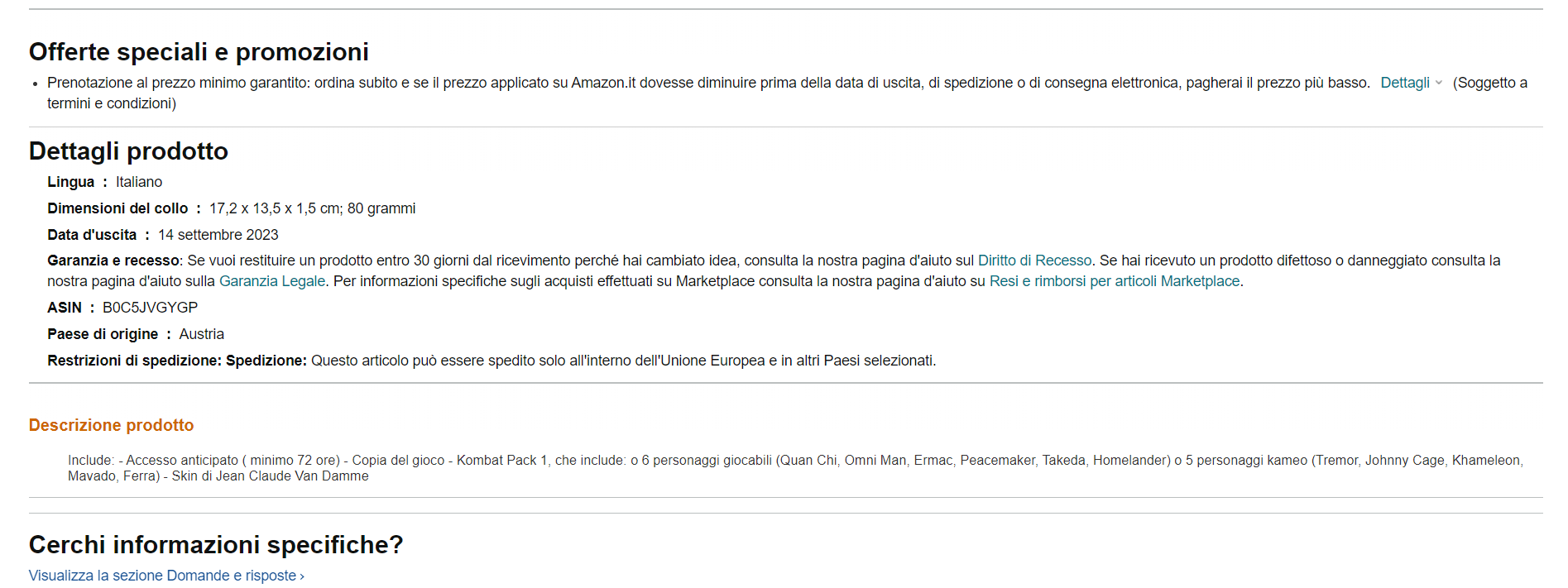 Archive Link Amazon Italy lists the characters appearing in Mortal Kombat 1 Premium Edition's Kombat Pack 1
