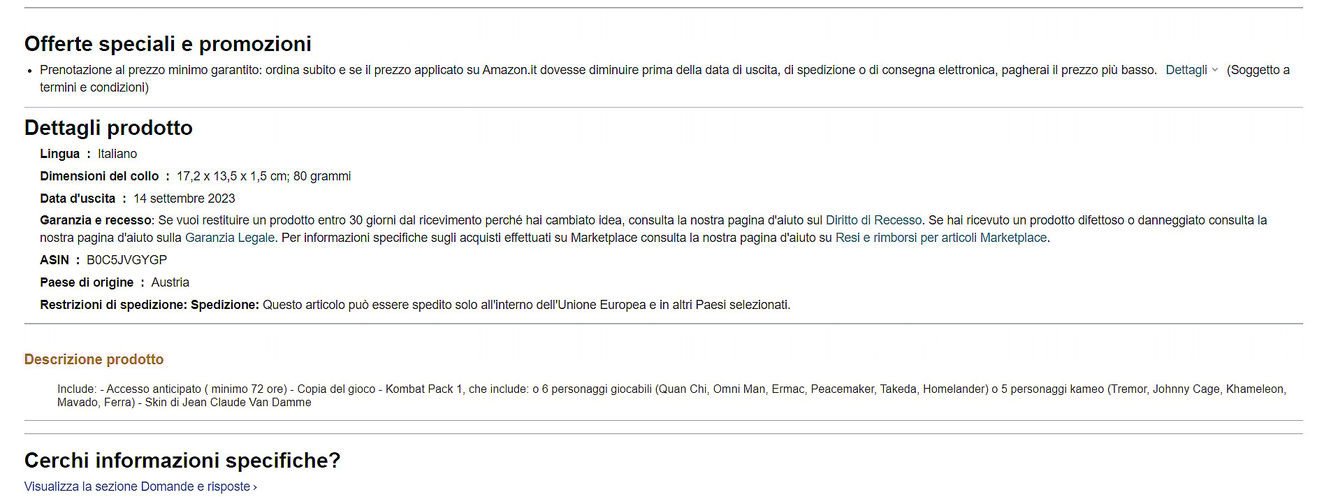Archive Link Amazon Italy lists the characters appearing in Mortal Kombat 1 Premium Edition's Kombat Pack 1