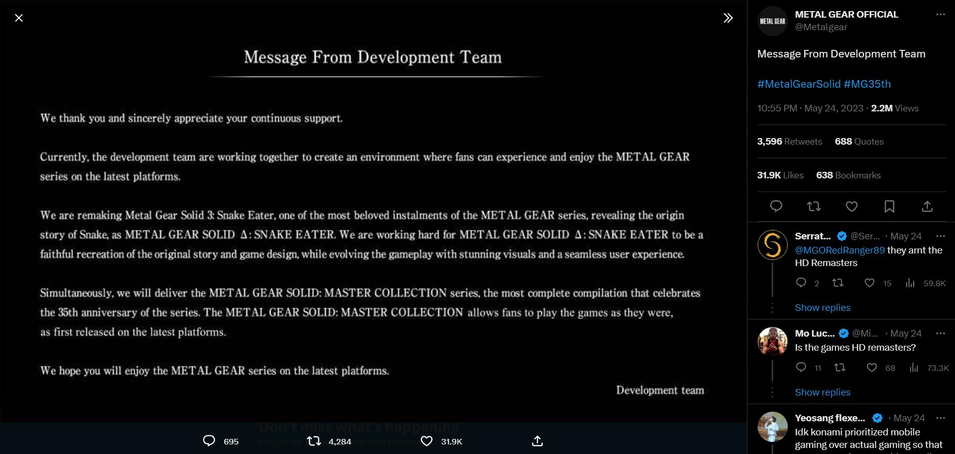 Konami state they have the upmost respect for Metal Gear Solid Δ: Snake Eater's source material via Twitter