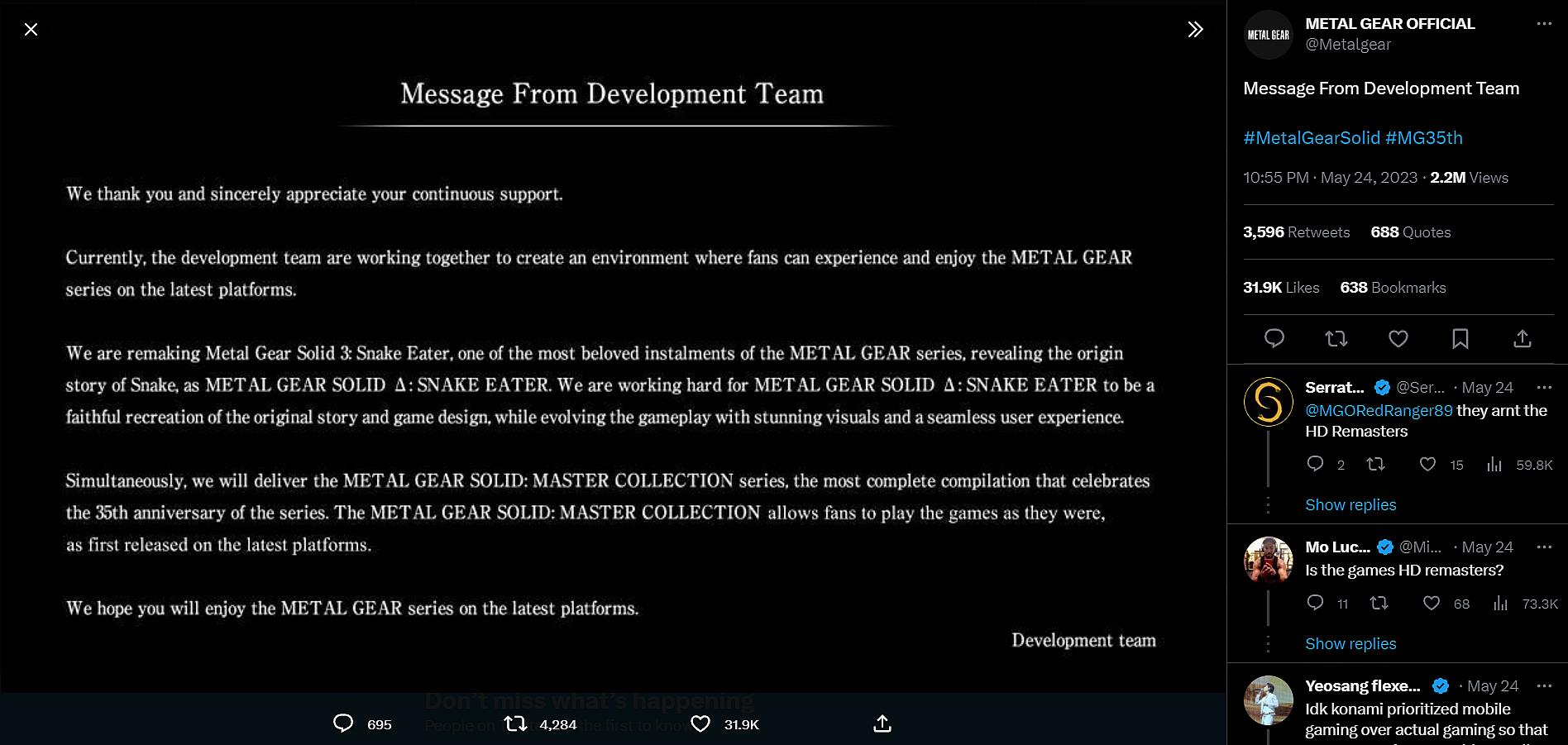 Konami states they have utmost respect for Metal Gear Solid Δ: Snake Eater's source material via