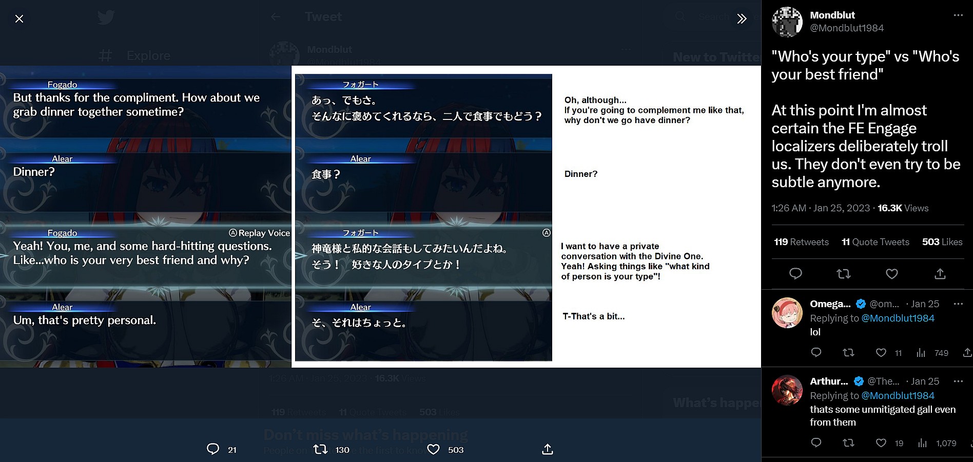 Mondblut1984 highlights how Fire Emblem Engage censors Fogado asking the player character what their type is in the English localization via Twitter