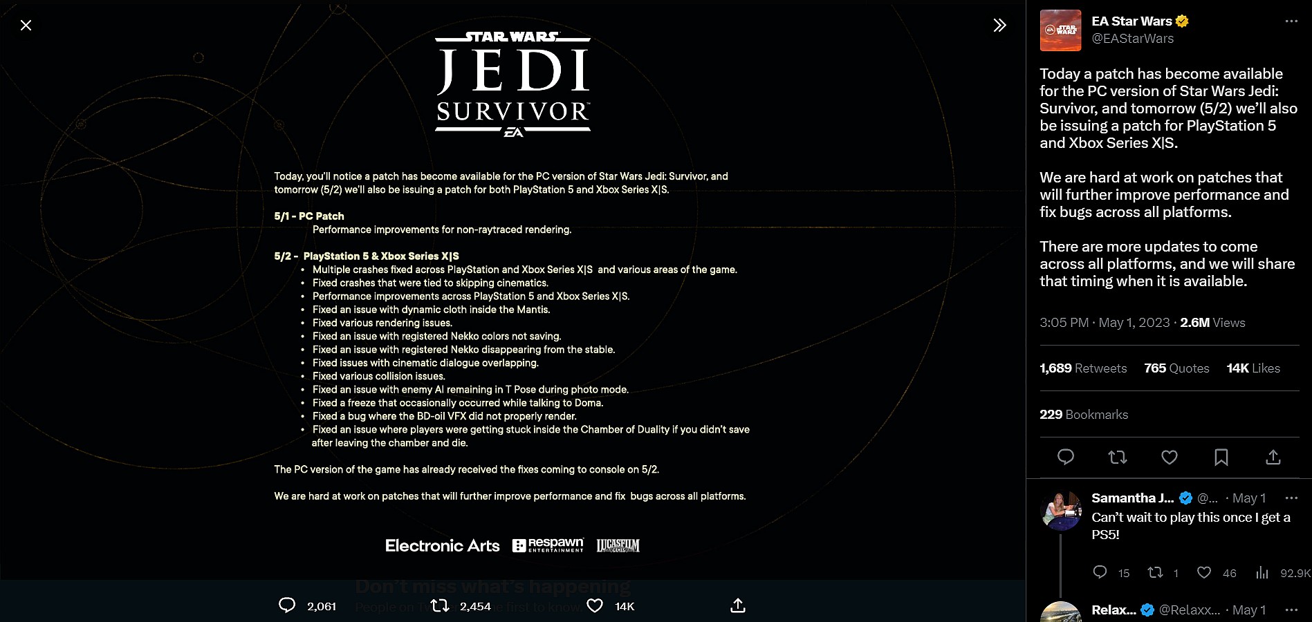 EA addresses a recent patch for Star Wars Jedi: Survivor and insists more are coming via Twitter