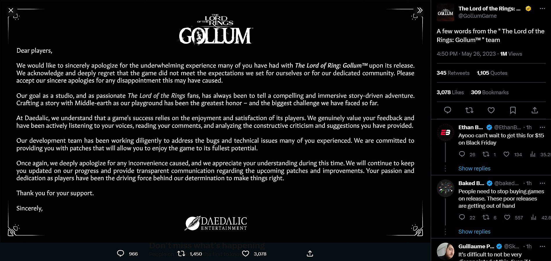 Daedalic Entertainment apologizes for The Lord of the Rings: Gollum via Twitter