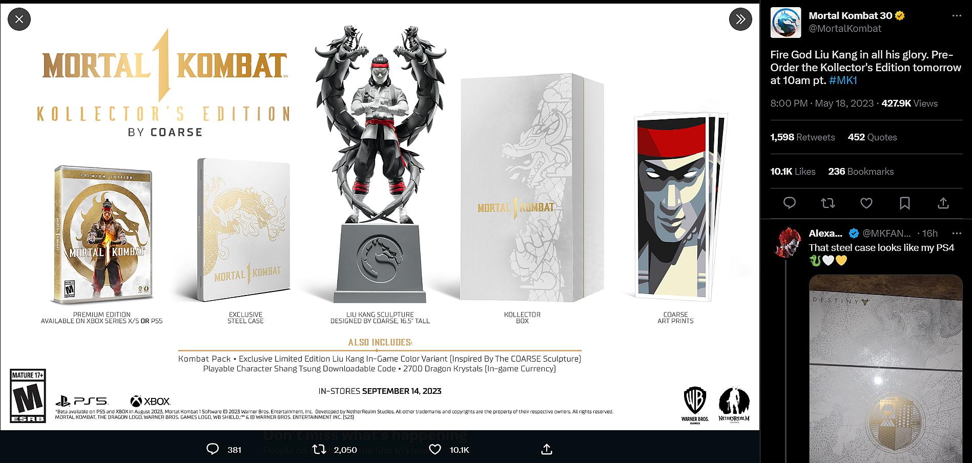 The Mortal Kombat series Twitter account shares the Mortal Kombat 1 Kollector's Edition via Twitter