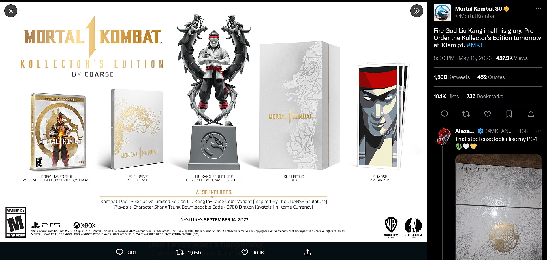 The Mortal Kombat series Twitter account shares the Mortal Kombat 1 Kollector's Edition via Twitter