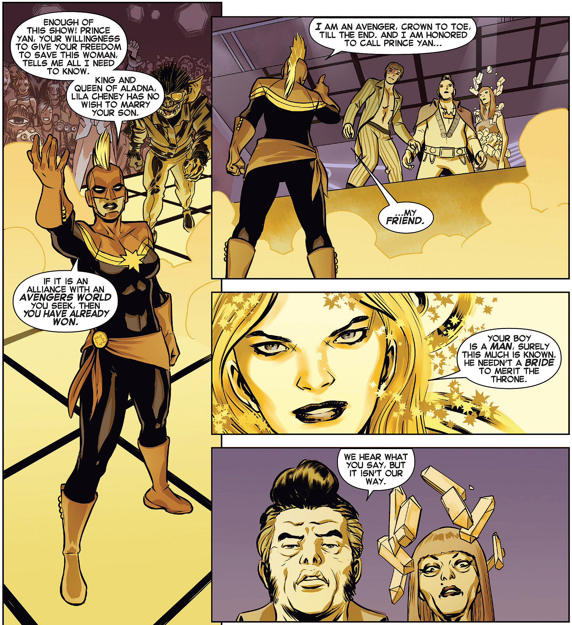 Carol Danvers has had enough of the Aladnan's traditionsCarol Danvers sets her female gaze on a shirtless Prince Yan in Captain Marvel Vol. 8 #9 "Lila Cheney's Fantabulous Technicolor Rock Opera" (2014), Marvel Comics. Words by Kelly Sue DeConnick, art by David López, Lee Loughridge, and Joe Caramagna via digital issue