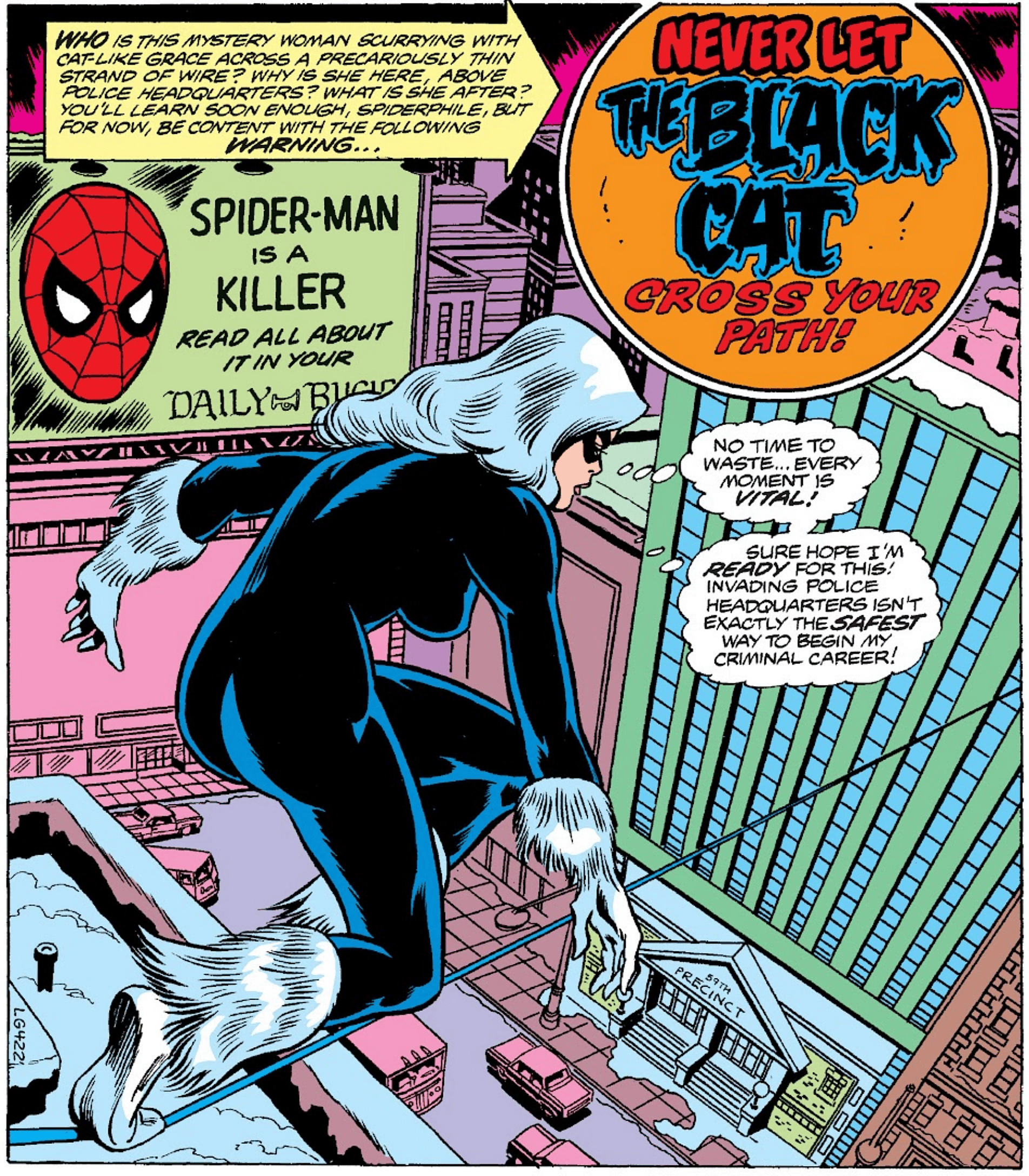 Black Cat makes her comic book debut in Amazing Spider-Man Vol. 1 #194 "Never Let the Black Cat Cross Your Path!" (1979), Marvel Comics. Words by Marv Wolfman, art by Keith Pollard, Frank Giacoia, Ben Sean, and John Costanza