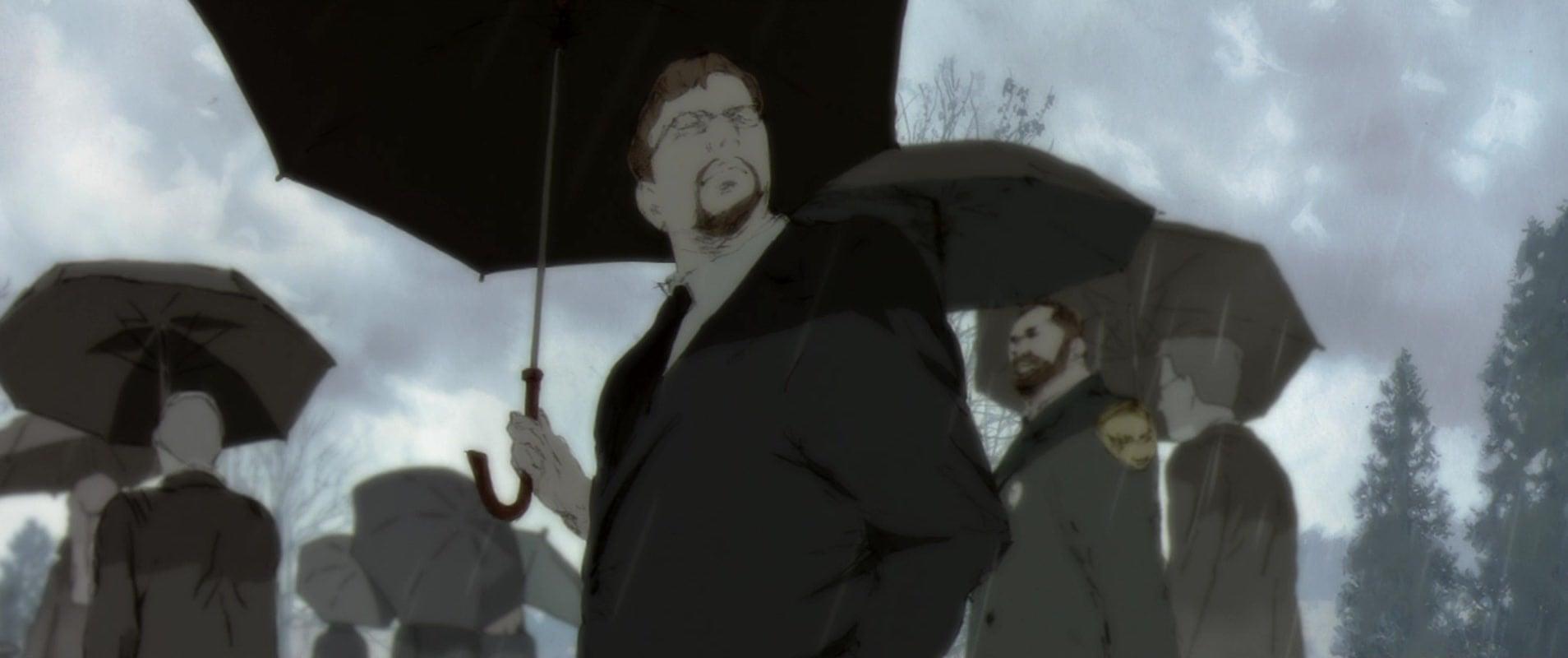 The teacher (Fumihiko Tachiki) attends Michael Karl Popper's (Hikaru Midorikawa) funeral in The Animatrix 'Kid's Story (2003), Warner Bros. Animation
