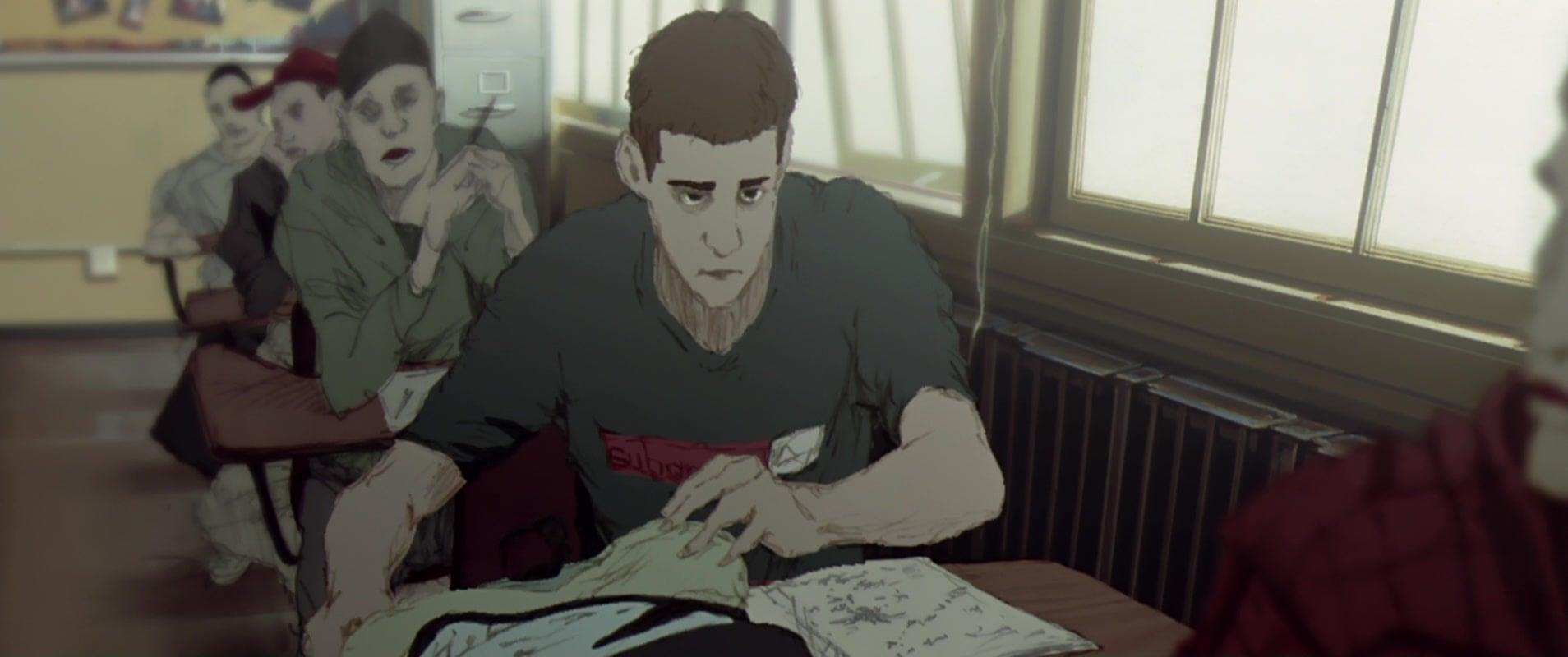 Michael Karl Popper (Hikaru Midorikawa) twitches in class in The Animatrix 'Kid's Story (2003), Warner Bros. Animation