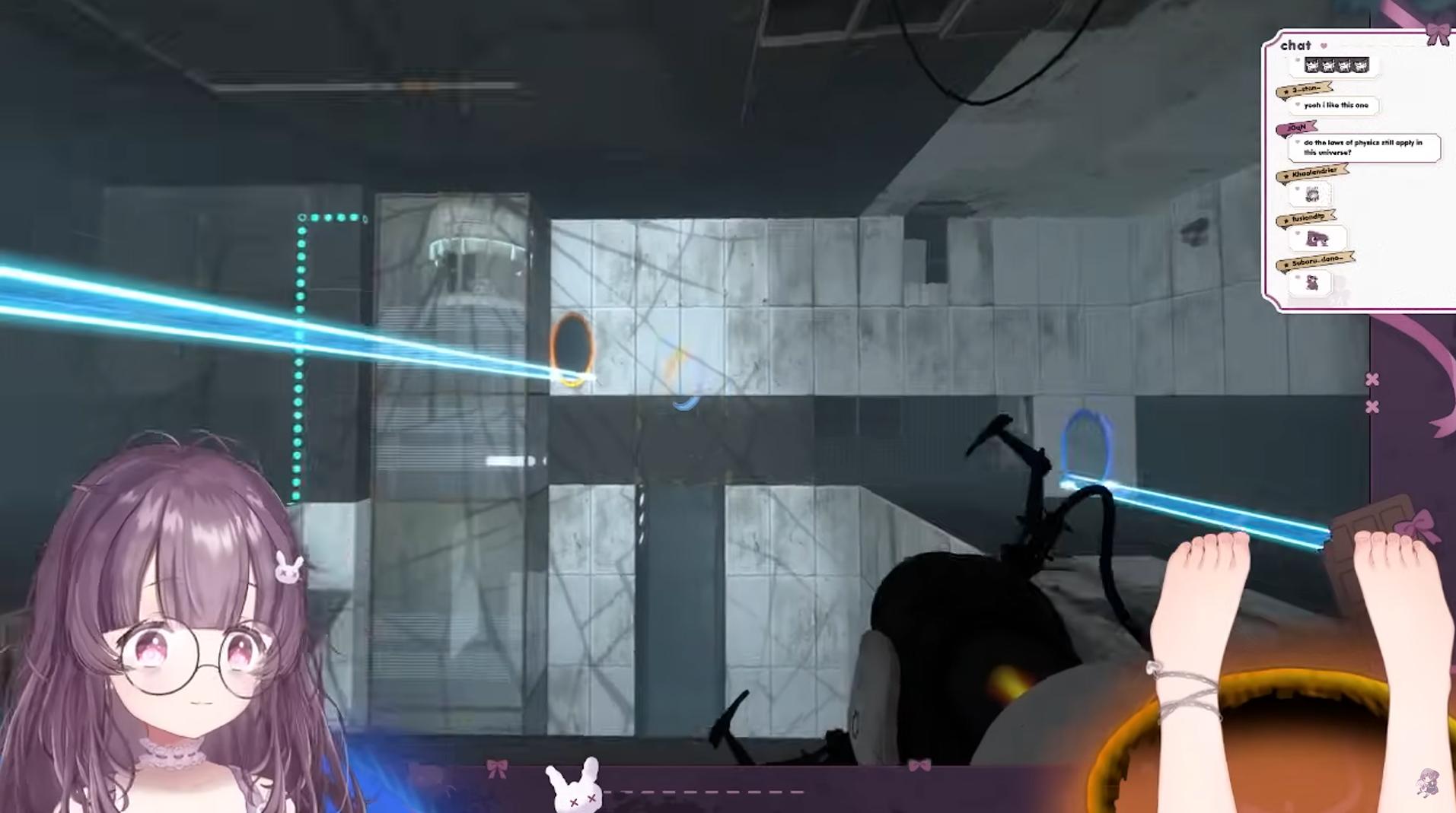 FallenShadow solves problems in Portal 2, her feet on the other side, on Twitch