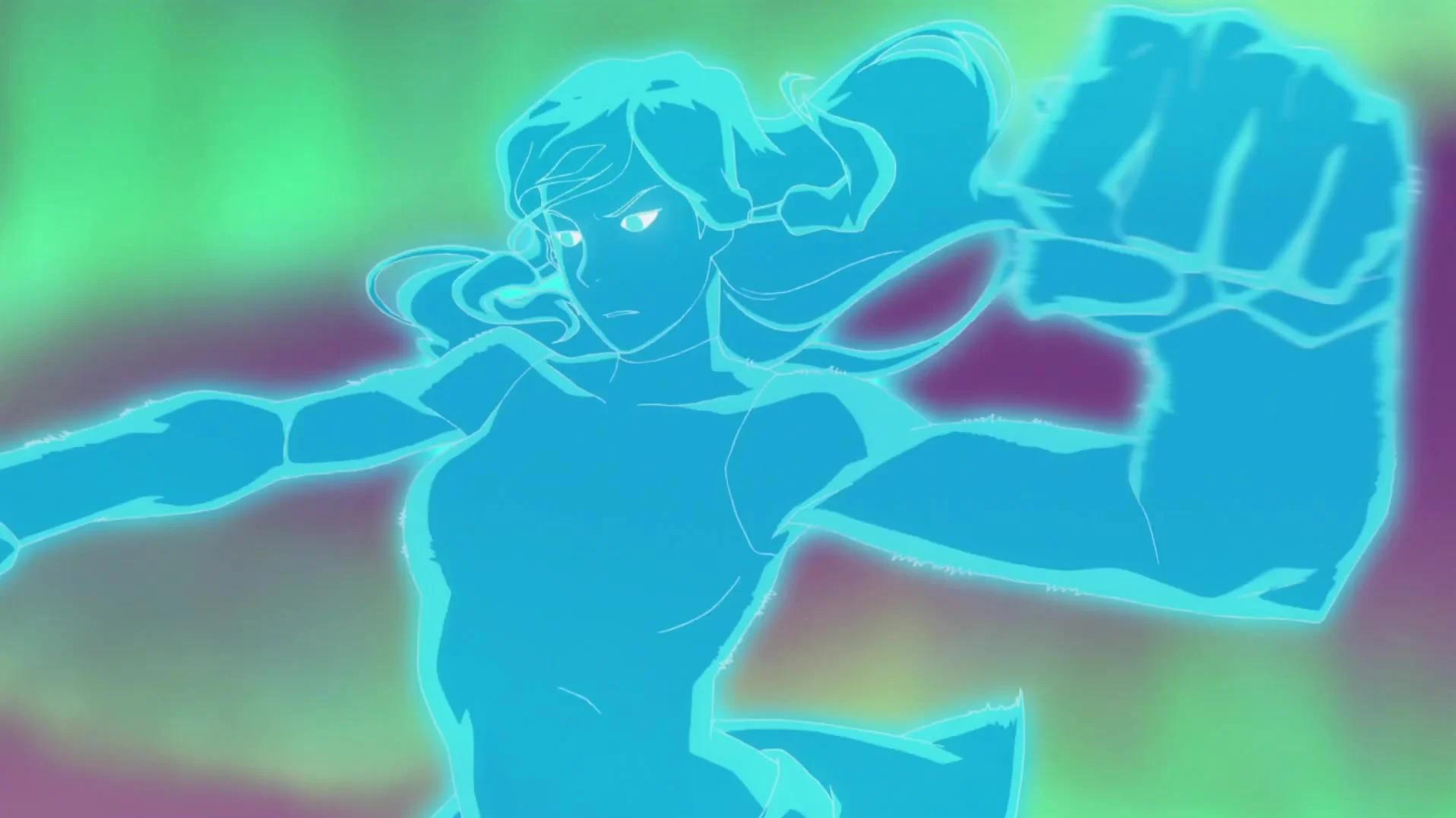 An Avatar State-activated Korra (Janet Varney) slugs it out with Unavaatu in The Legend of Korra Season 2 Episode 14 "Light in the Dark" (2013), Nickelodeon