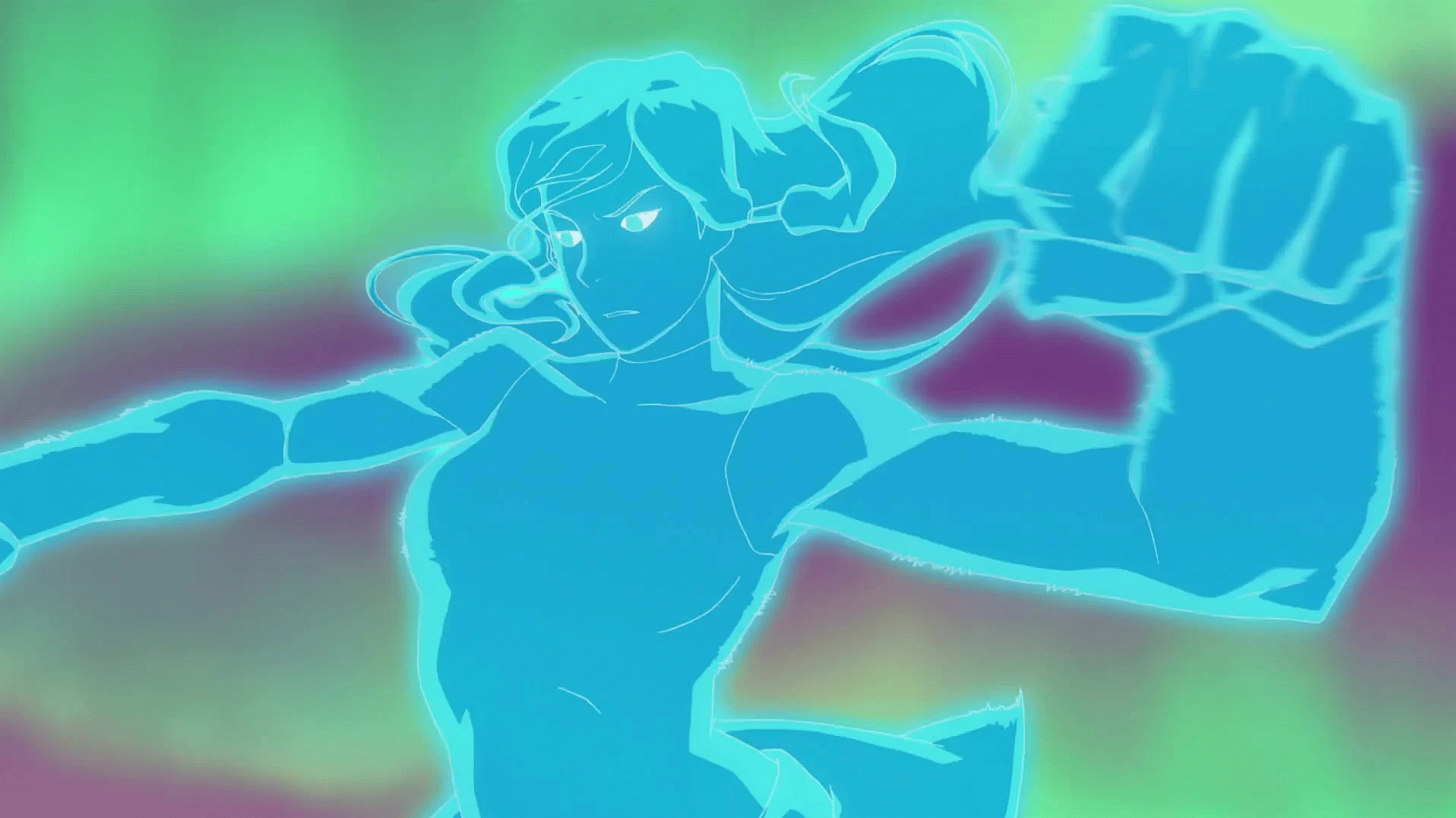 An Avatar State-activated Korra (Janet Varney) slugs it out with Unavaatu in The Legend of Korra Season 2 Episode 14 "Light in the Dark" (2013), Nickelodeon