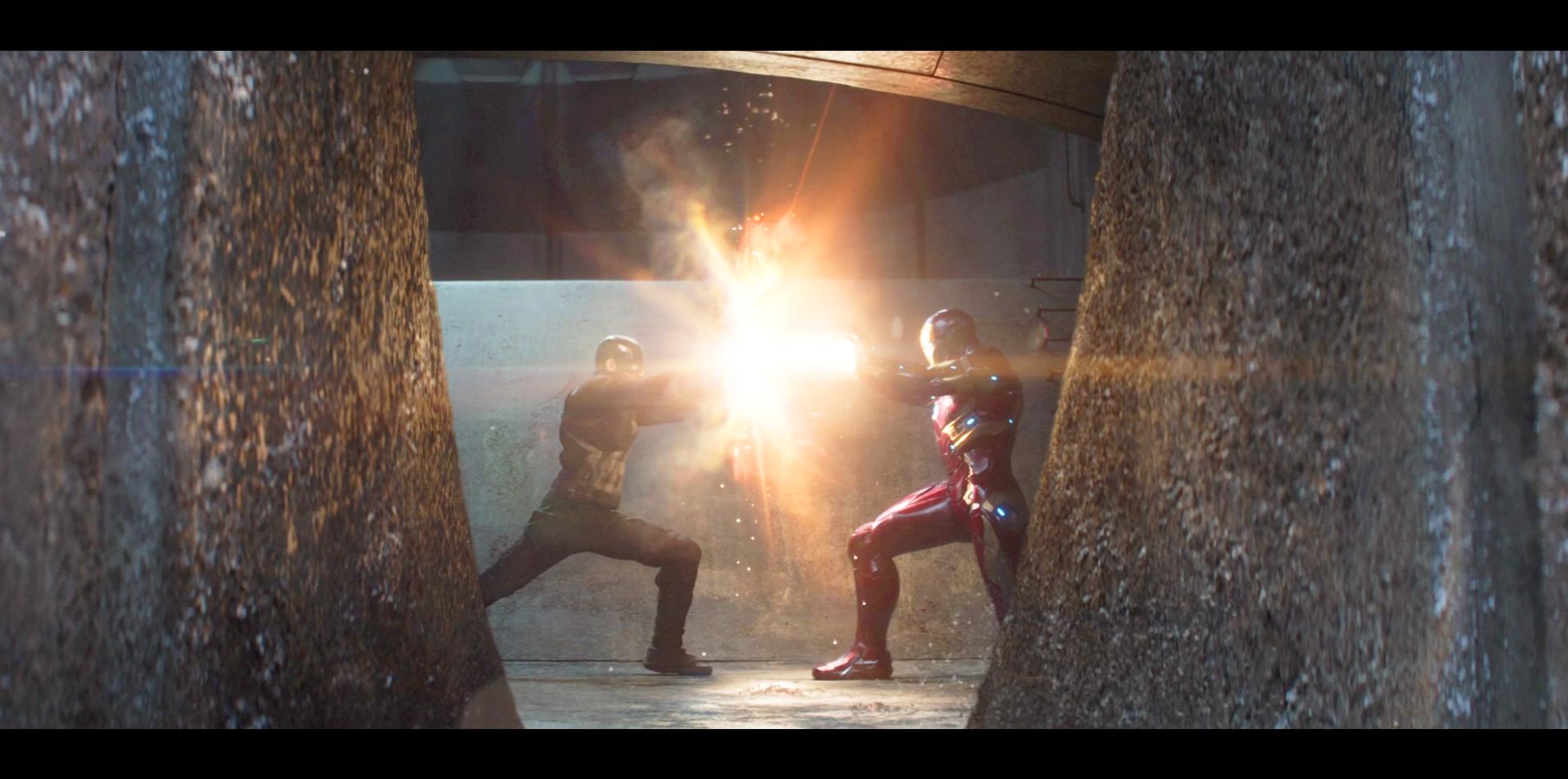 Steve Rogers (Chris Evans) and Tony Stark (Robert Downey Jr.) come to blows in Captain America: Civil War (2016), Marvel Studios