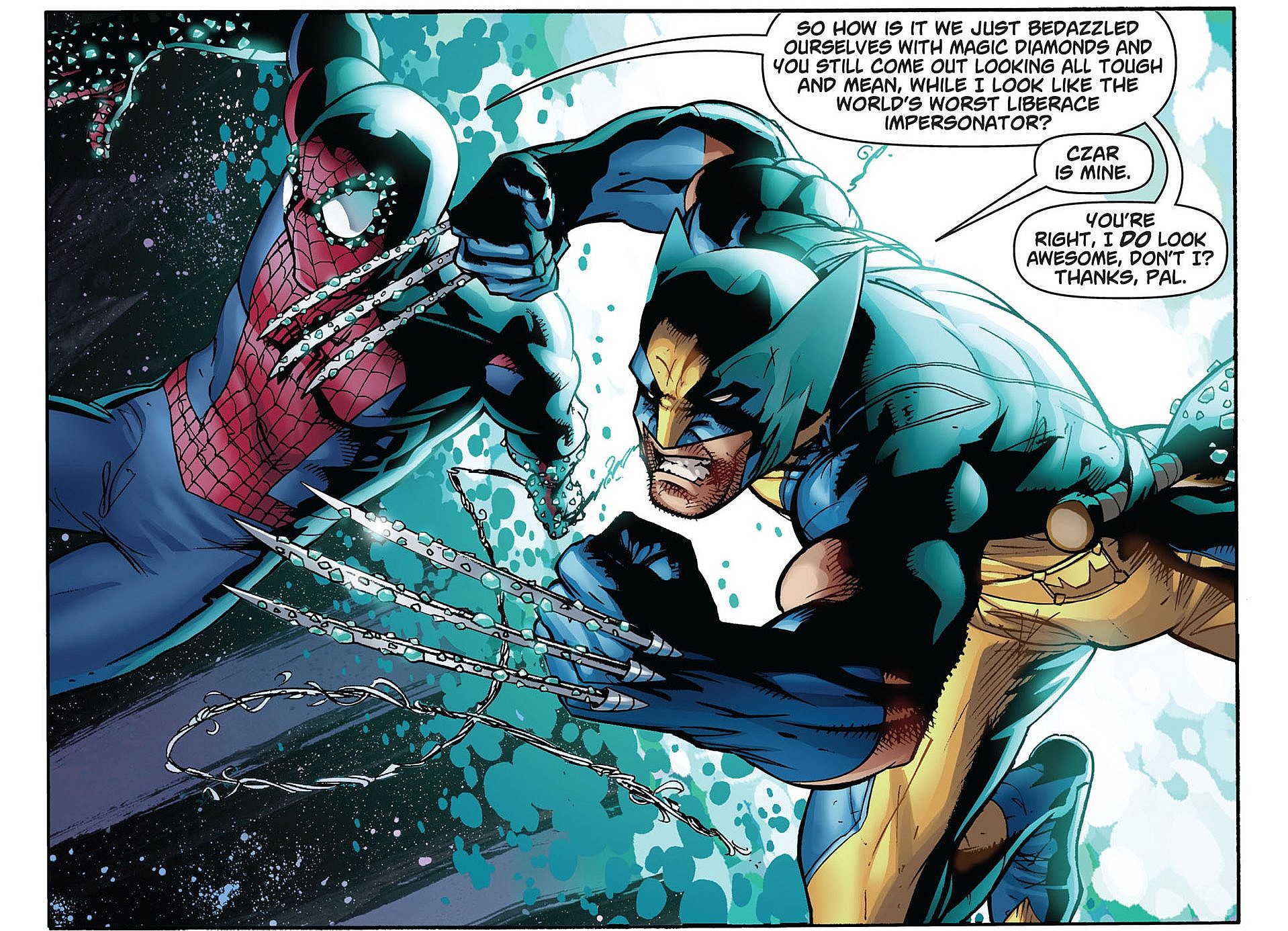 Peter and Logan hop through time in Astonishing Spider-Man & Wolverine Vol. 1 #5 "Another Fine Mess, Part Five" (2011), Marvel Comics. Words by Jason Aaron, art by Adam Kubert, Mark Roslan, Justin Ponsor, and Rob Steen.
