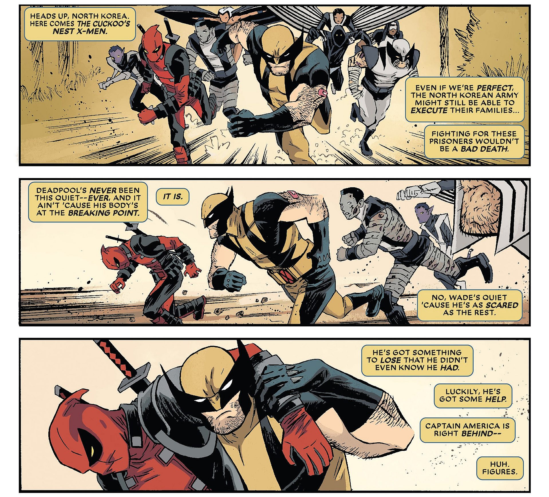 Wolverine recaps the current situation in Deadpool Vol. 5 #17 "The Good, the Bad, and the Ugly, Part 3 of 5" (2013), Marvel Comics. Words by Gerry Duggan and Brian Posehn, art by Declan Shalvey, Jordie Bellaire, and Joe Sabino.
