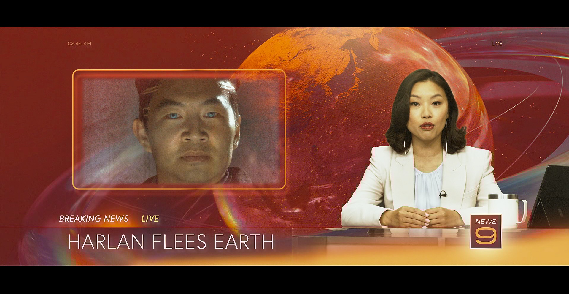 Harlan (Simu Liu) escapes from Earth after finding himself unable to exterminate humanity in Atlas (2024), Netflix
