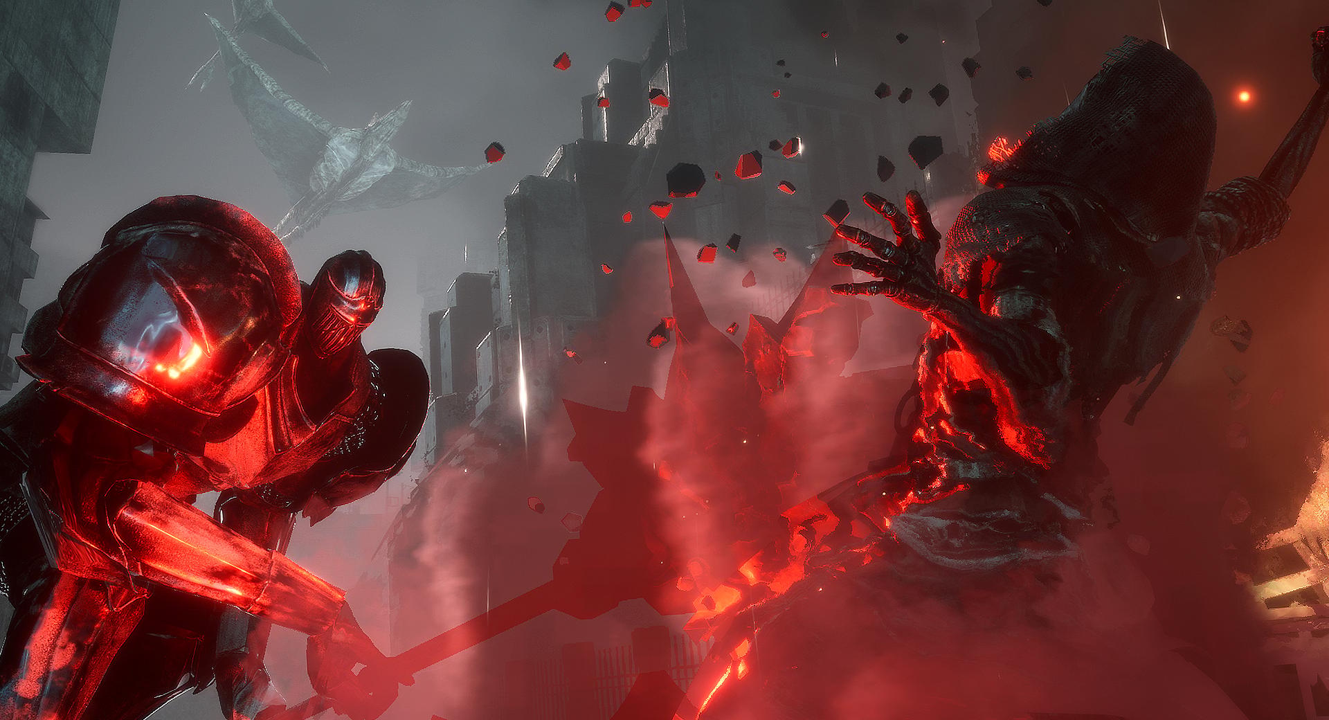 The player walks through the streets of the A giant misshapen knight smashes the player with a spiked mace via Bleak Faith: Forsaken (2023), Archangel Studios