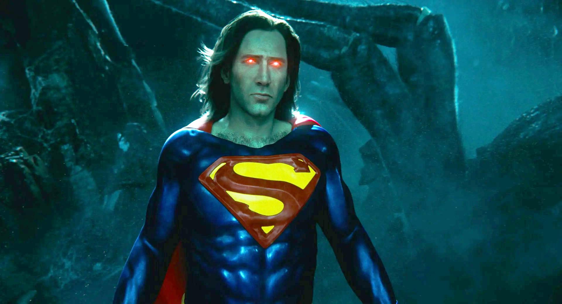 Supoerman (Nicolas Cage) emerges victorious against a giant spider in The Flash (2023), Warner Bros. Entertainment