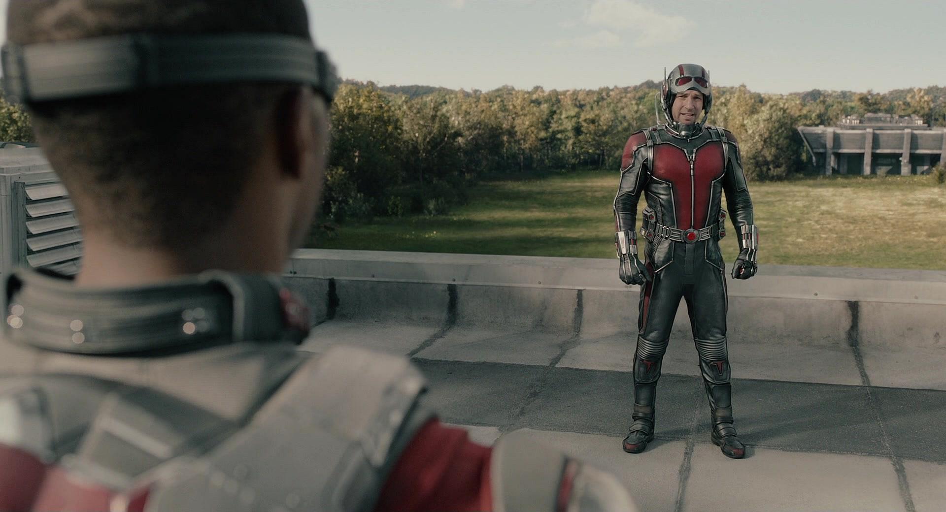 Falcon (Anthony Mackie) catches Ant-Man (Paul Rudd) breaking into Avengers HQ in Ant-Man (2015)