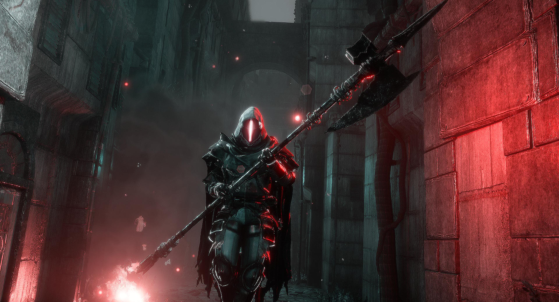 Player walks through Omnistructure streets armed with halberd in Bleak Faith: Forsaken (2023)
